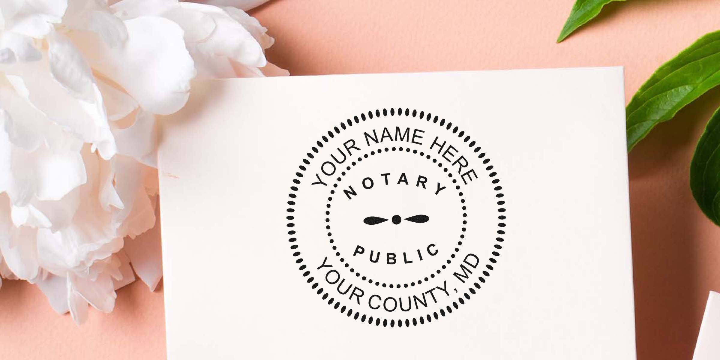 Mockup of a circular notary public stamp on a white card with decorative dots, floral accent and peach background