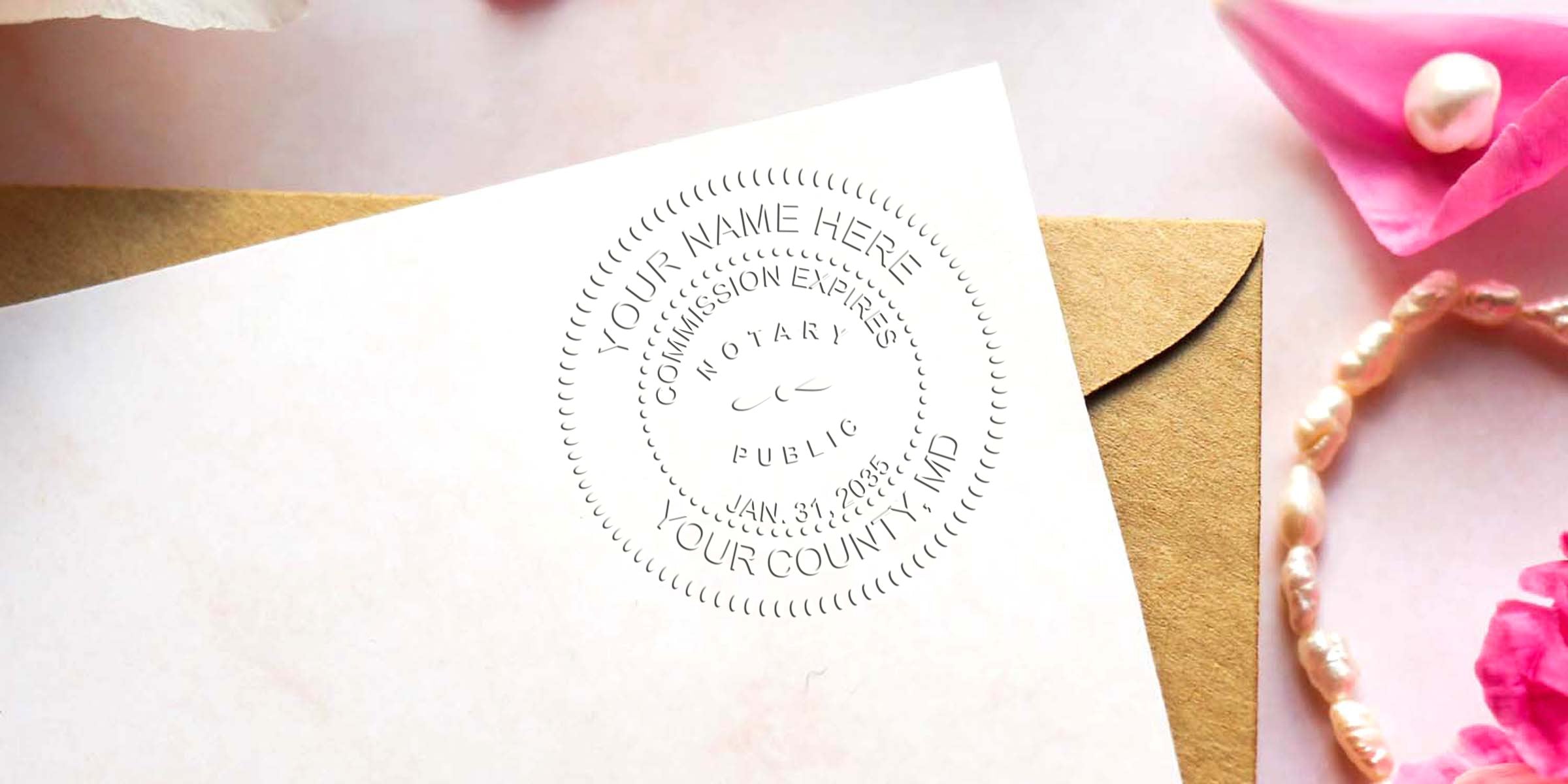 Embossed notary seal on white stationery beside a kraft envelope, pearl bracelet and pink flower petals — professional notary stamp image