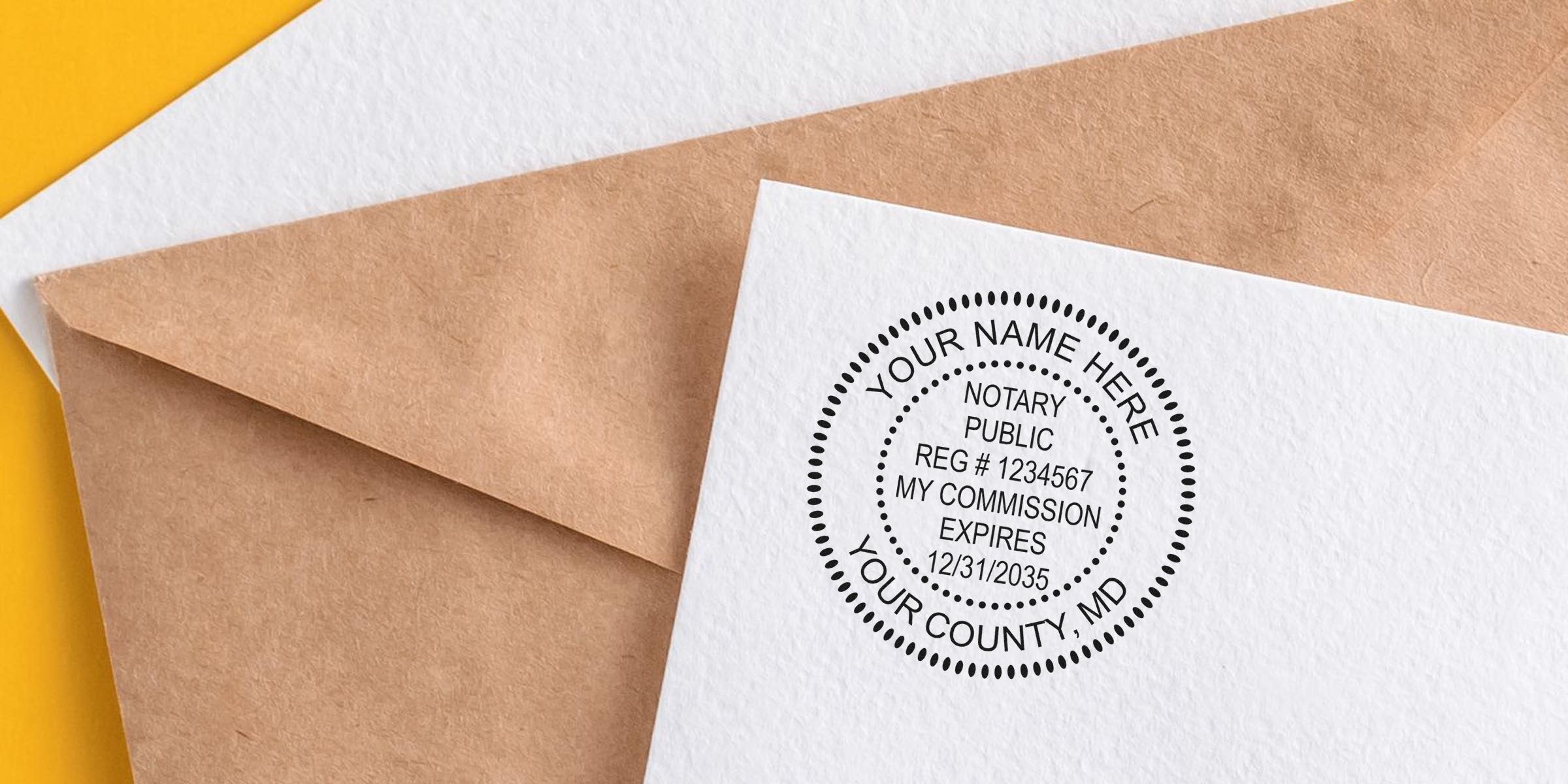 Round notary public rubber stamp impression on white textured paper beside a brown kraft envelope and yellow background, customizable text "YOUR NAME HERE," registration number and placeholder commission expiration date.