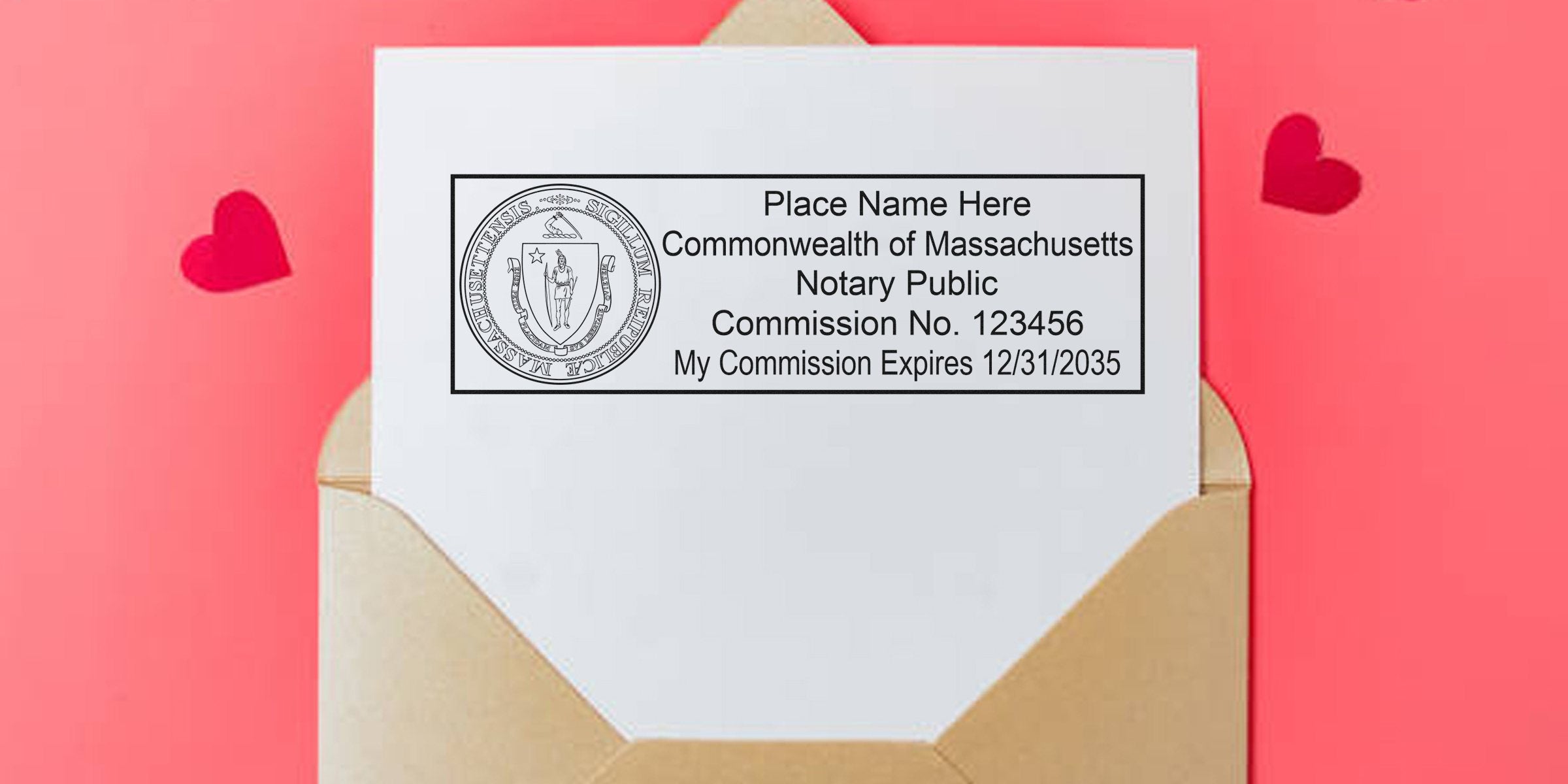 White envelope with Massachusetts notary public rubber stamp template showing seal, commission number and expiration date on pink background with heart cutouts