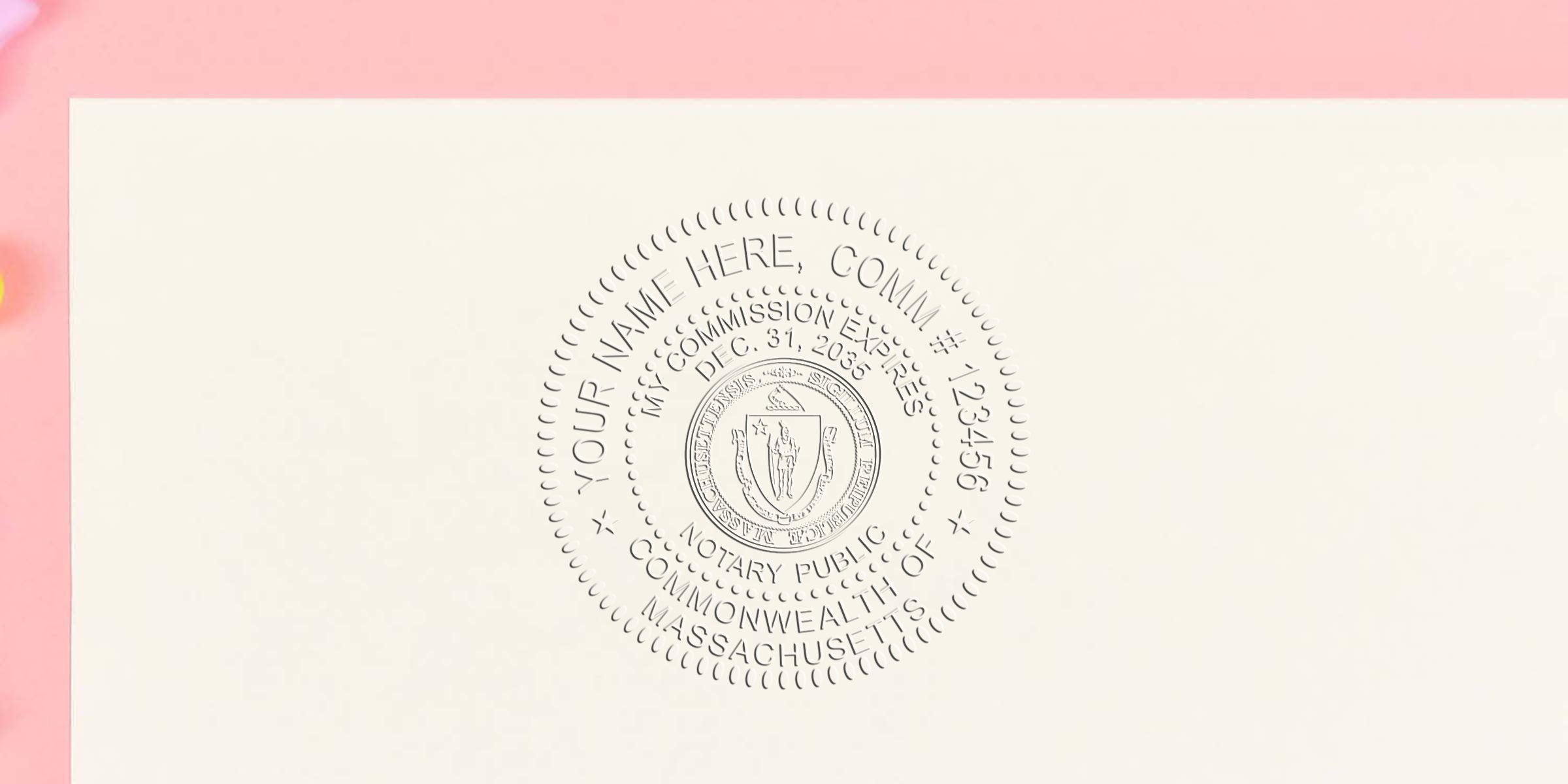 Embossed notary public seal of the Commonwealth of Massachusetts centered on cream paper with light pink border, circular official stamp showing state emblem and text indicating commission details and expiration date.