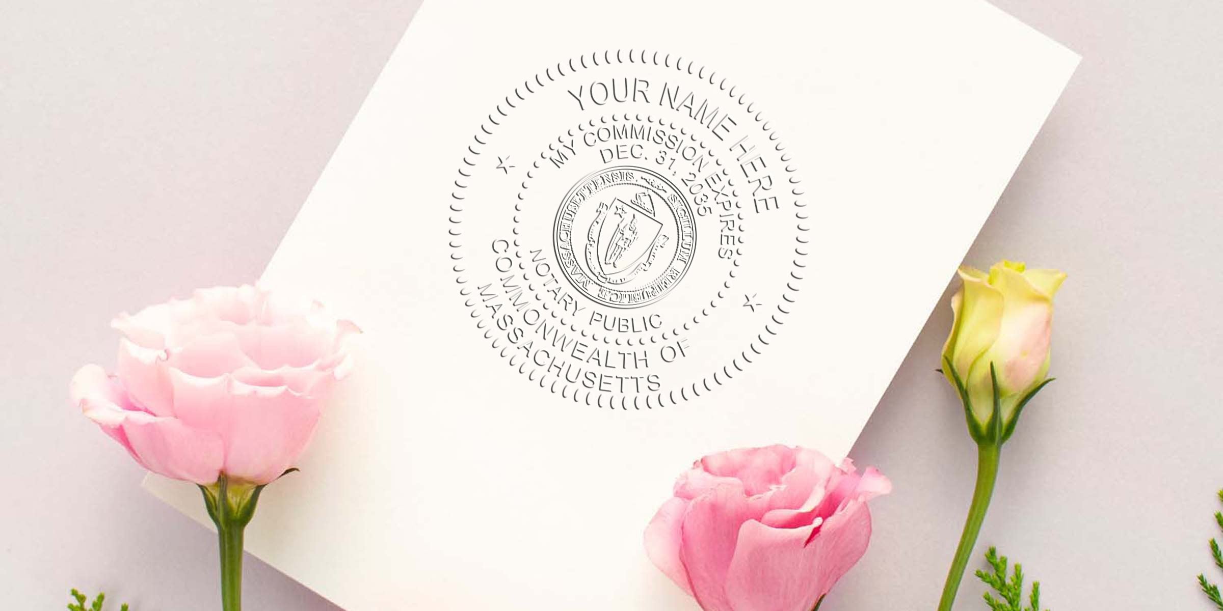 Embossed notary public seal on a white card placed at an angle, surrounded by delicate pink and cream lisianthus flowers on a pale background