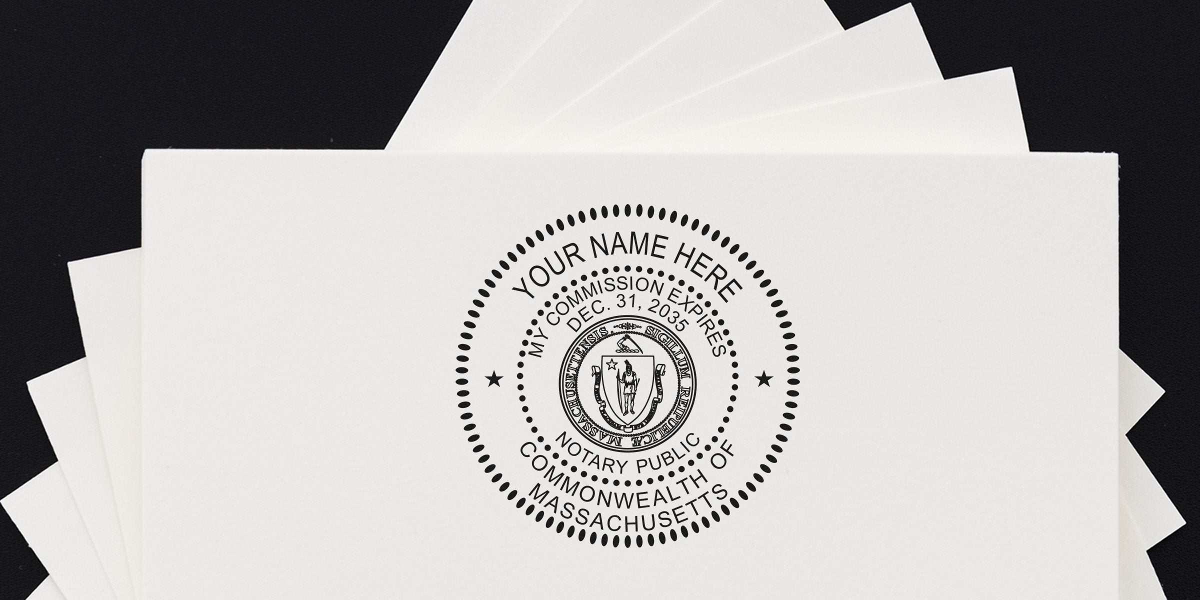 Stack of white papers with a circular black notary public seal stamped on the top sheet reading "Your Name Here," "Commonwealth of Massachusetts," and an expiration date, centered on a clean white background.
