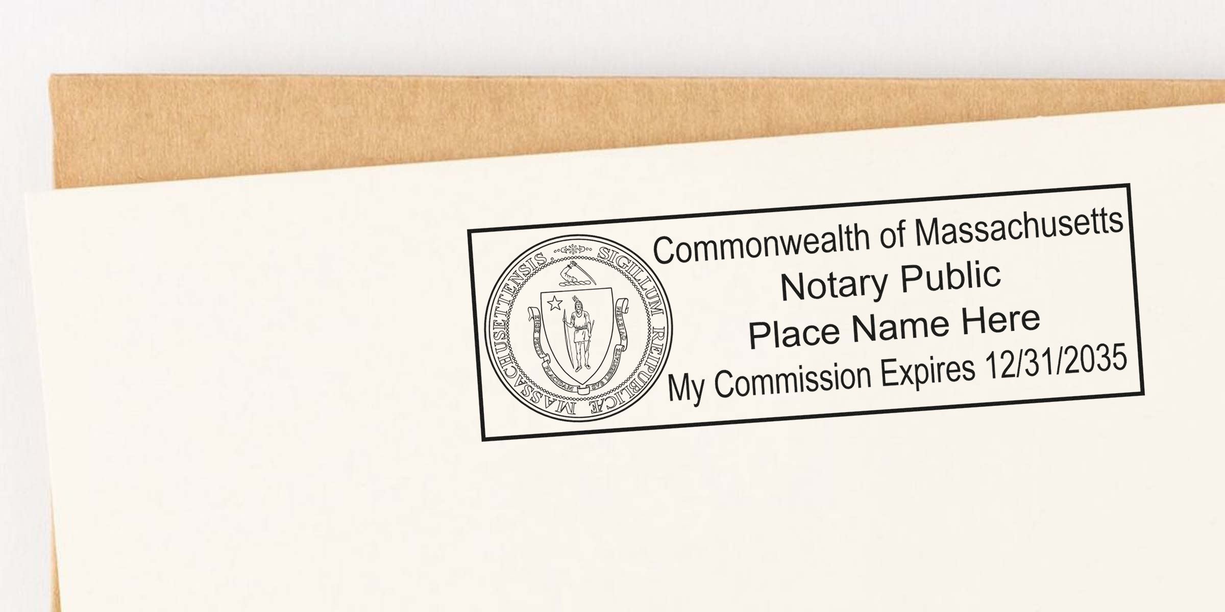 Massachusetts notary public stamp on cream stationery showing state seal, placeholder name, and "My Commission Expires 12/31/2035" — official notary seal on envelope document