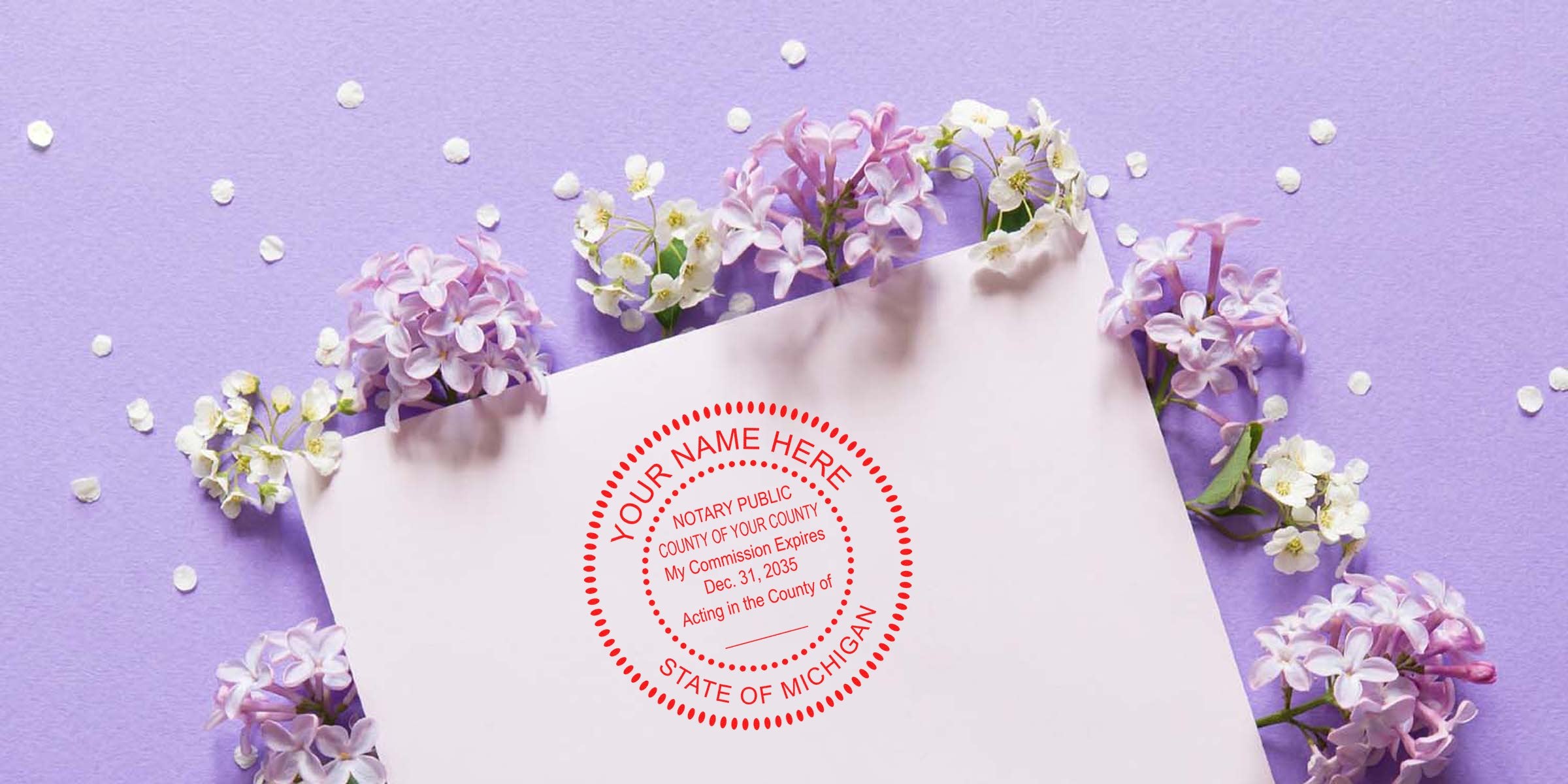 Envelope with red Michigan notary seal stamped on pale paper, surrounded by lilac and white spring flowers on a pastel purple background