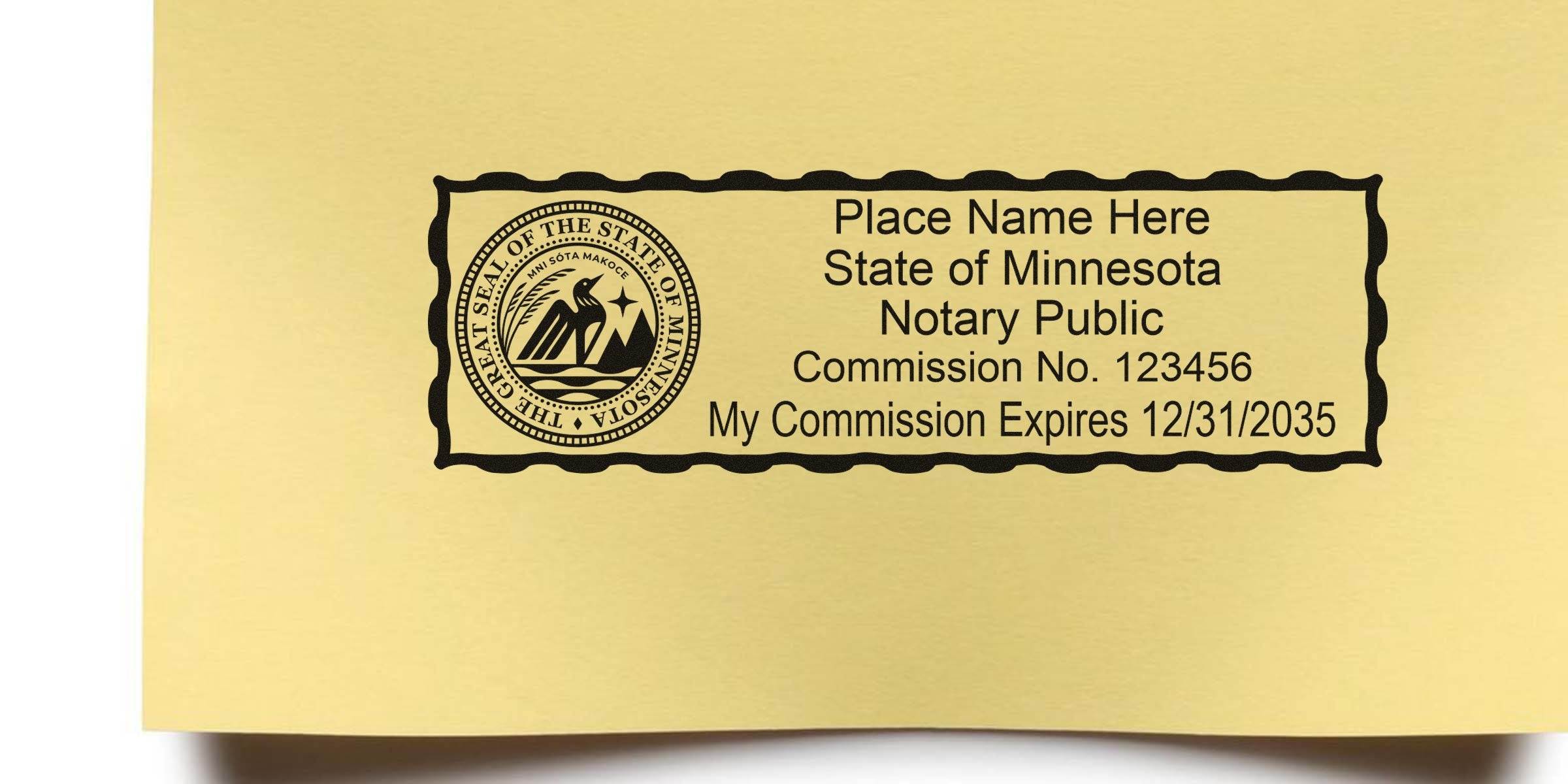 Minnesota notary public rubber stamp with state seal, placeholder name, sample commission No. 123456 and expiration 12/31/2035 on yellow paper