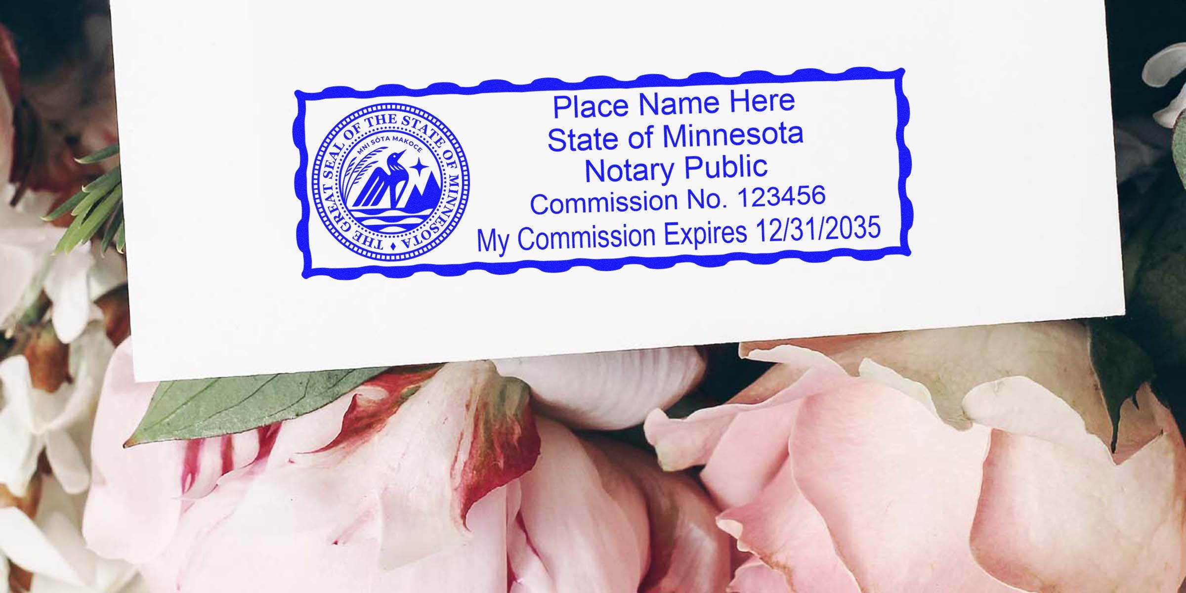 Blue Minnesota notary public stamp on white card showing state seal, placeholder name, commission number and expiration date, placed over pink peony flowers — notary stamp for Minnesota documents