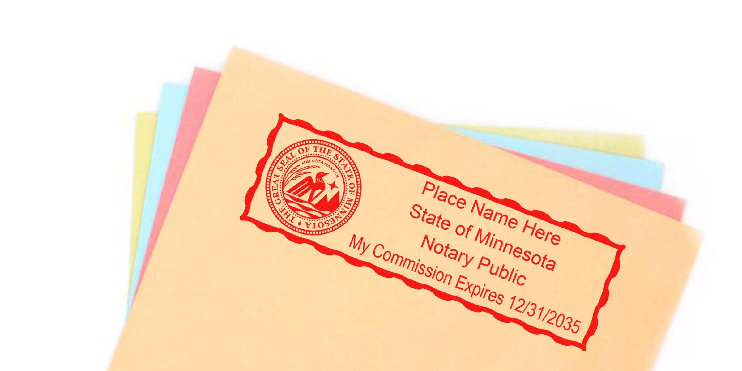 Red Minnesota notary public stamp on tan envelope with multicolored folders, showing state seal, sample name text and commission expiration date 12/31/2035 — notary stamp mockup for legal and certified documents