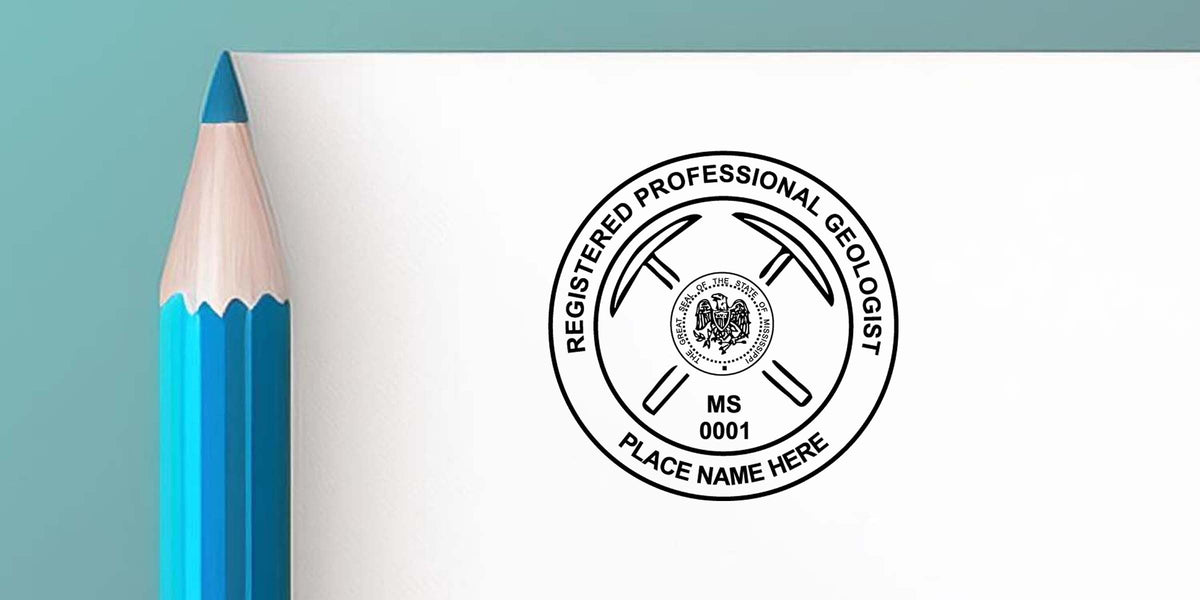 Geologist seal with crossed hammers and a state emblem next to a blue pencil on white paper.