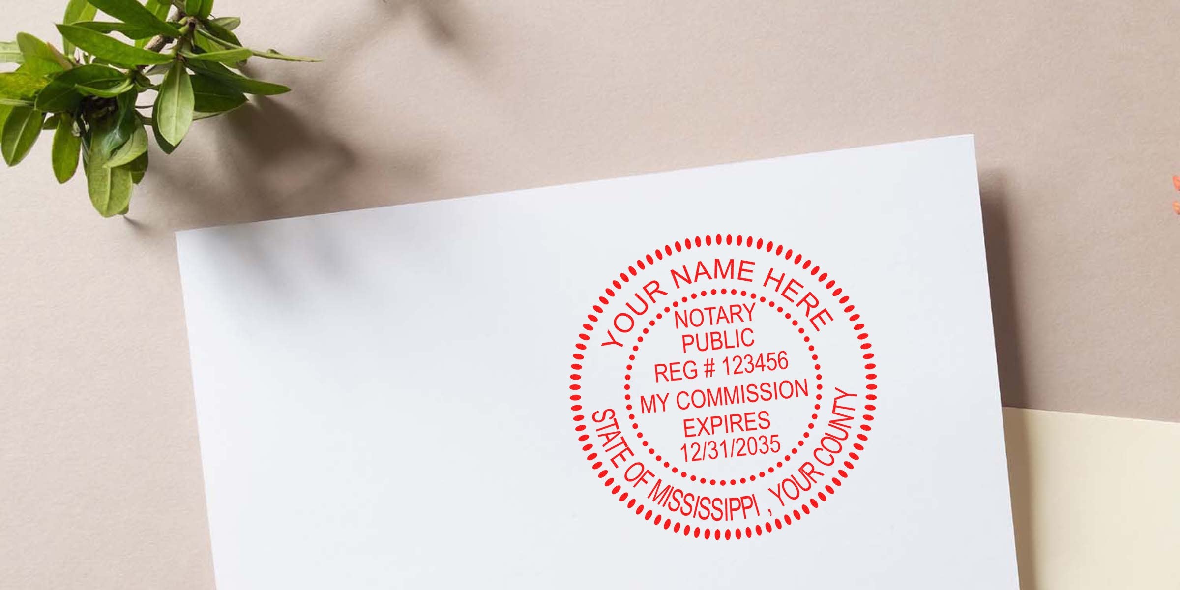 Red circular notary public seal stamped on white paper reading "Notary Public Reg #123456 My Commission Expires 12/31/2035" with a small green plant and beige background, close-up office document image.
