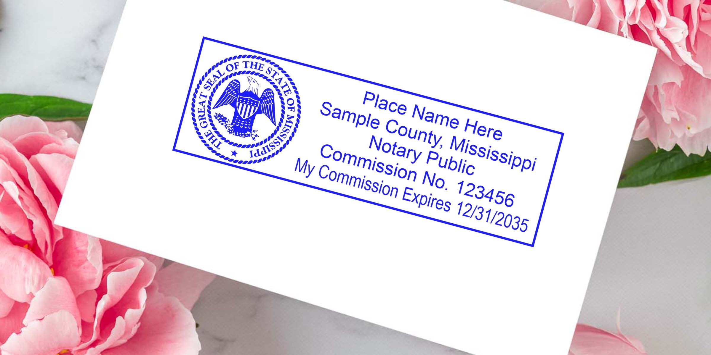 Blue rectangular notary stamp with Mississippi state seal and placeholder text on a white envelope, set on a background of pink peonies.