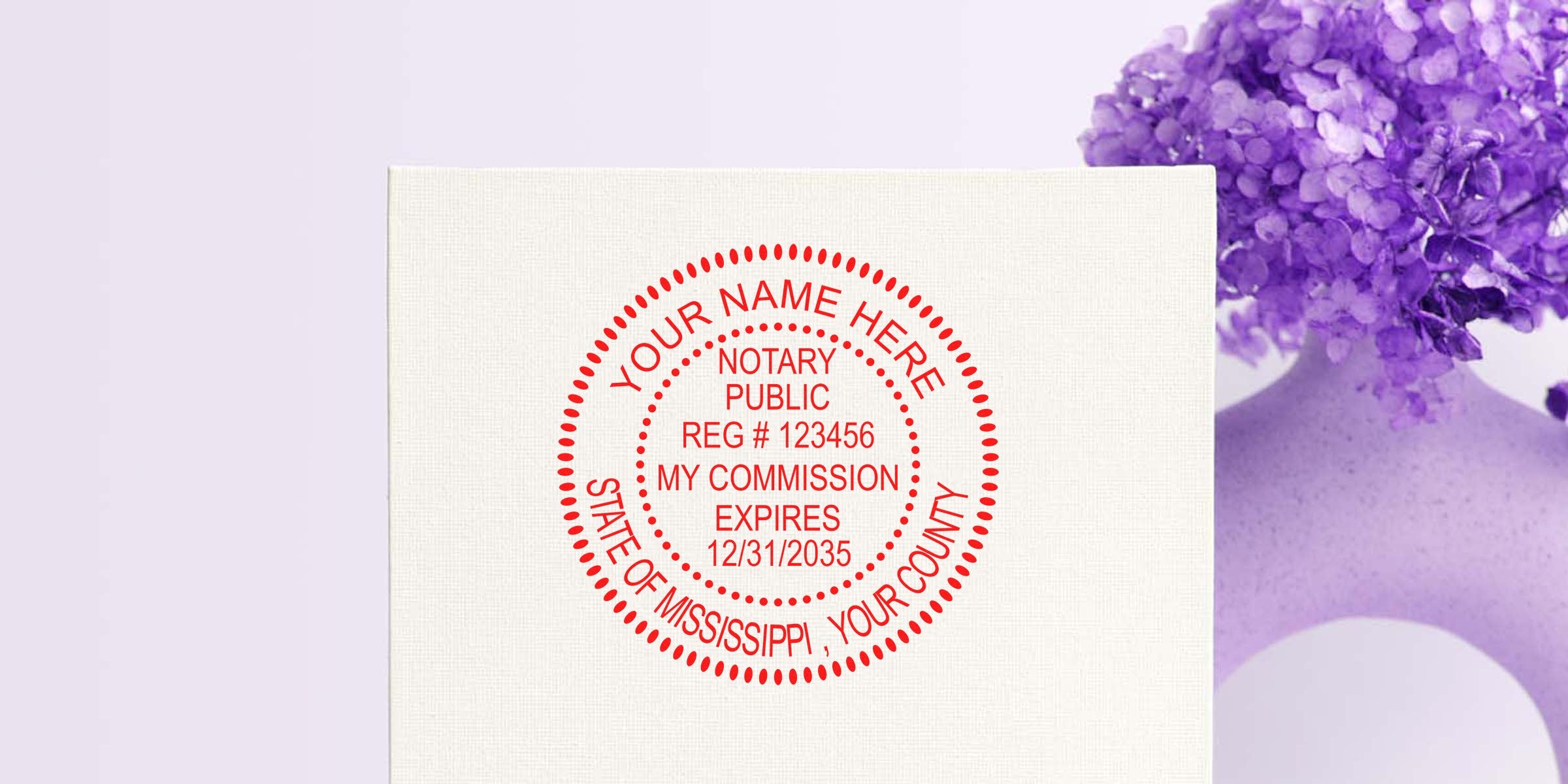 Red circular notary public stamp mockup on textured white card with placeholder name, registration number and expiration date, set against a soft lavender background with purple flowers in a vase, legal stationery product image