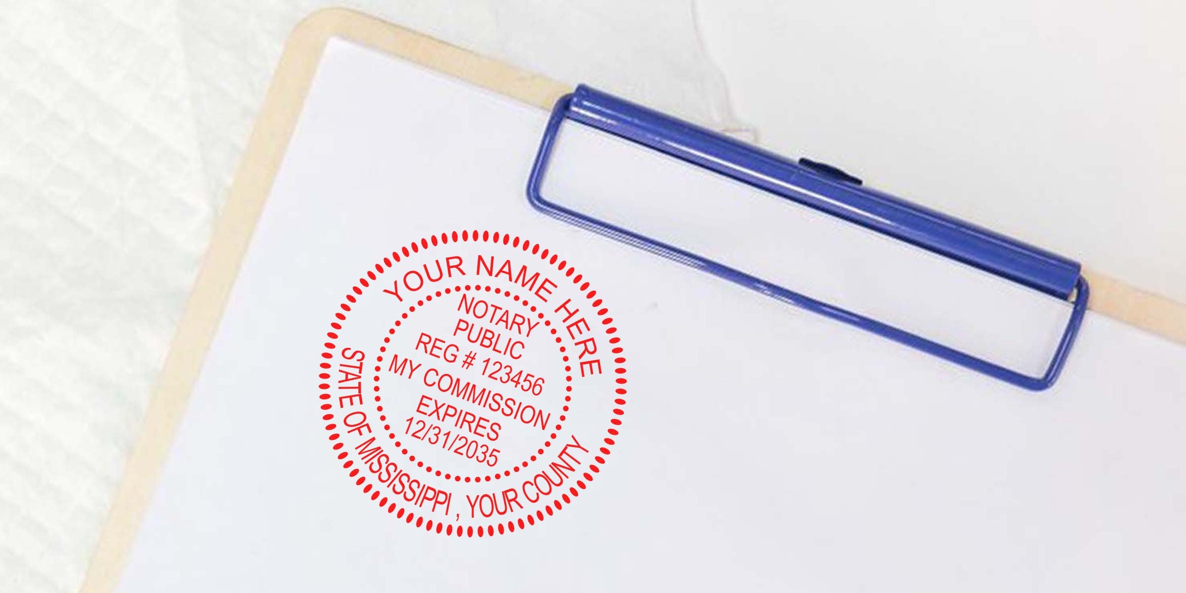 Blank clipboard with blue clip and white paper stamped with red circular notary public seal reading "Your Name Here, Notary Public, Reg #123456, My Commission Expires 12/31/2035"