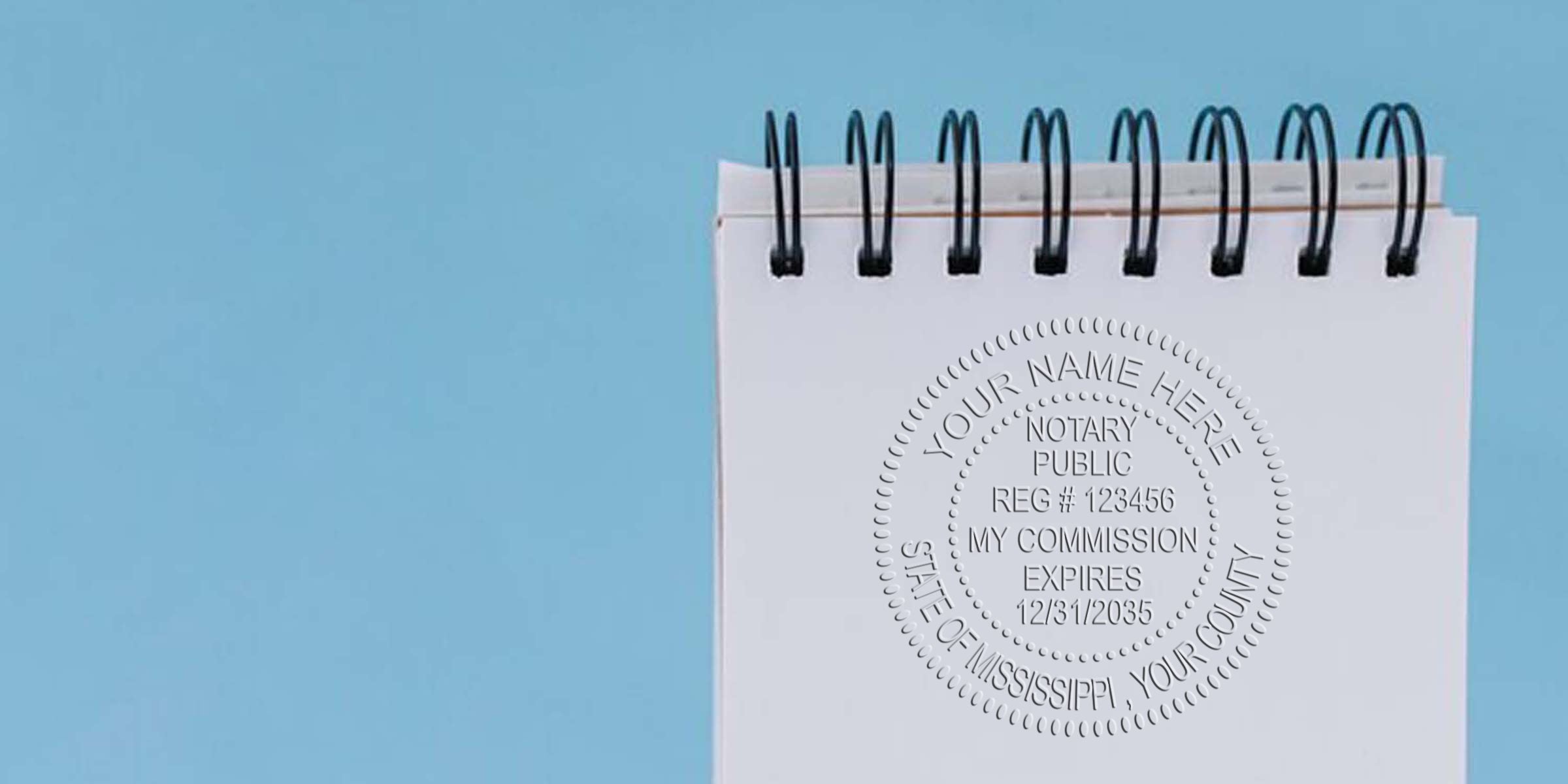 Spiral-bound white notepad on pale blue background with an embossed circular notary public seal showing placeholder name, registration number and commission expiration date