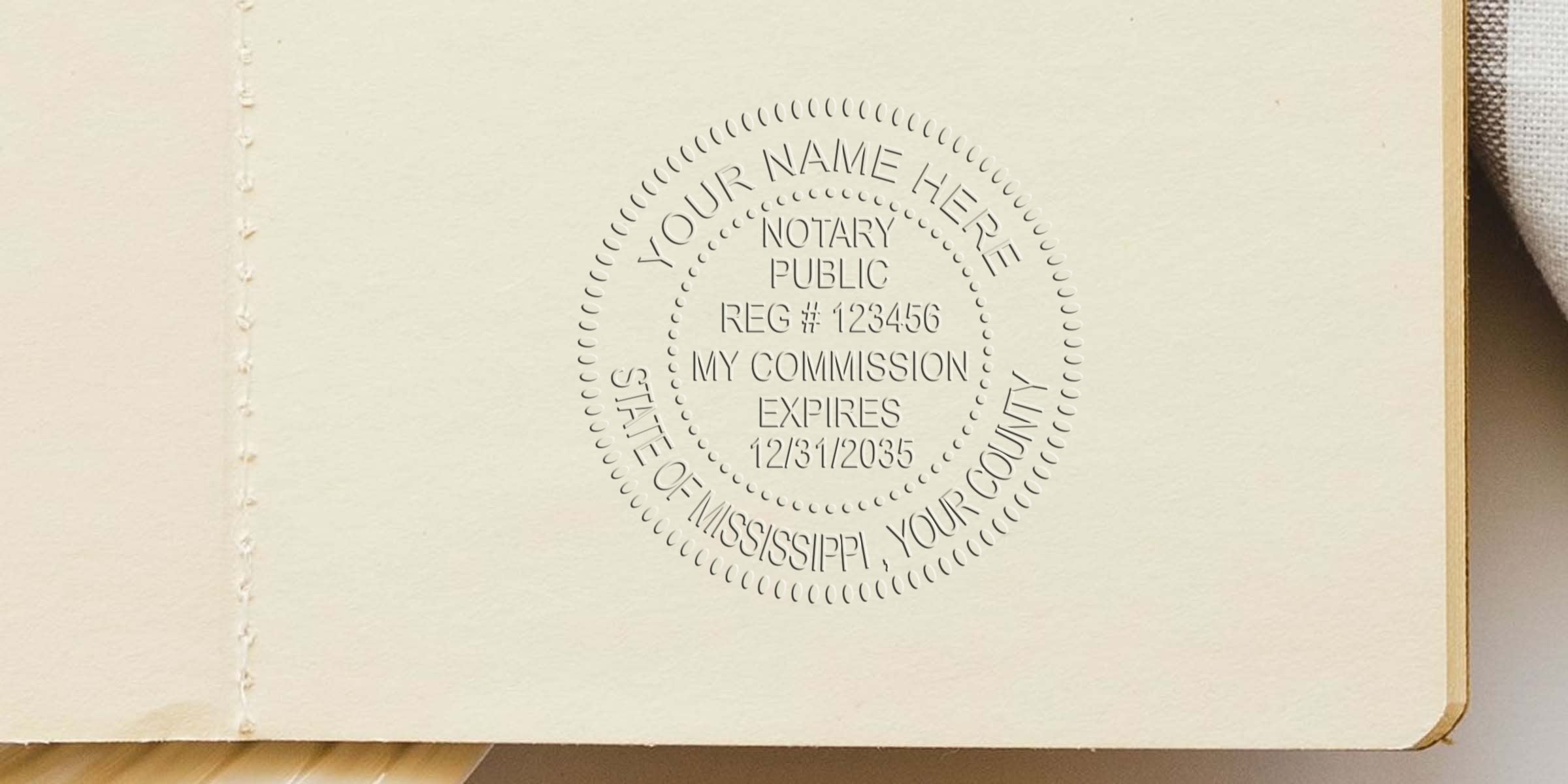 Embossed notary public seal on cream journal page reading "Notary Public Reg # 123456 My Commission Expires 12/31/2035" with stitched spine and rounded corner, textured paper background