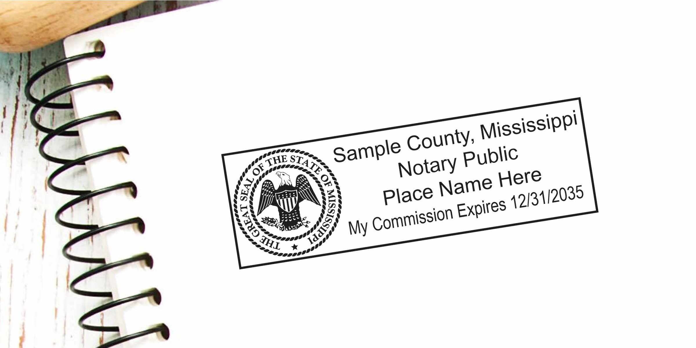 Spiral-bound notebook page with a rectangular Mississippi notary public stamp showing state seal, sample county, notary name placeholder and commission expiry date.