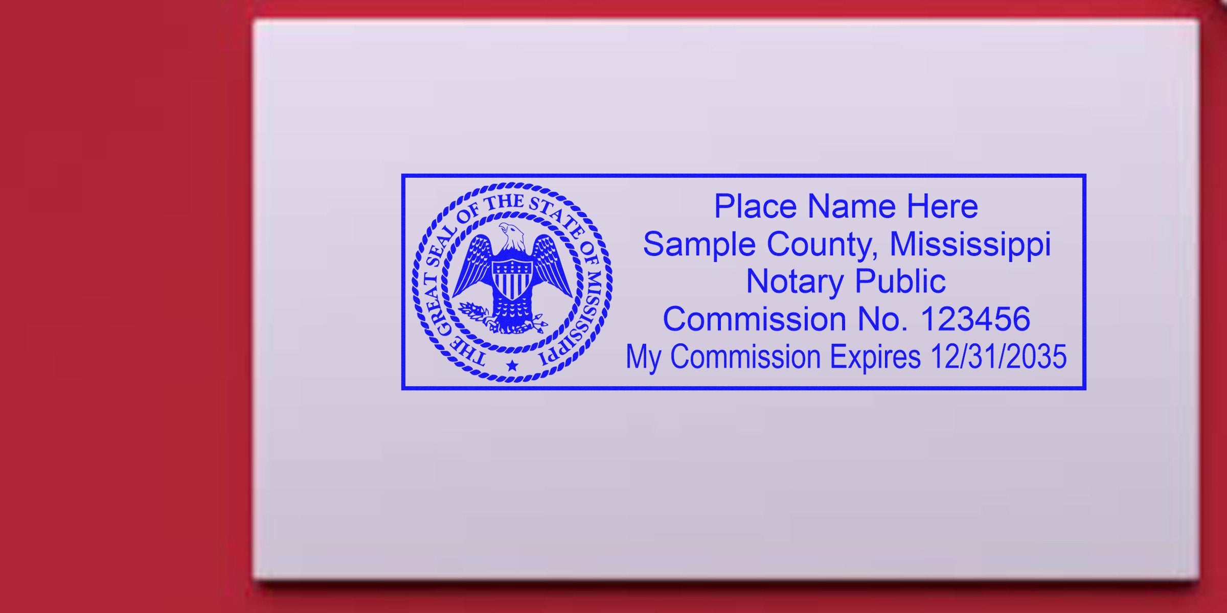 Blue rectangular Mississippi notary public stamp with state seal eagle, placeholder name and county, commission number and expiration date (sample text)