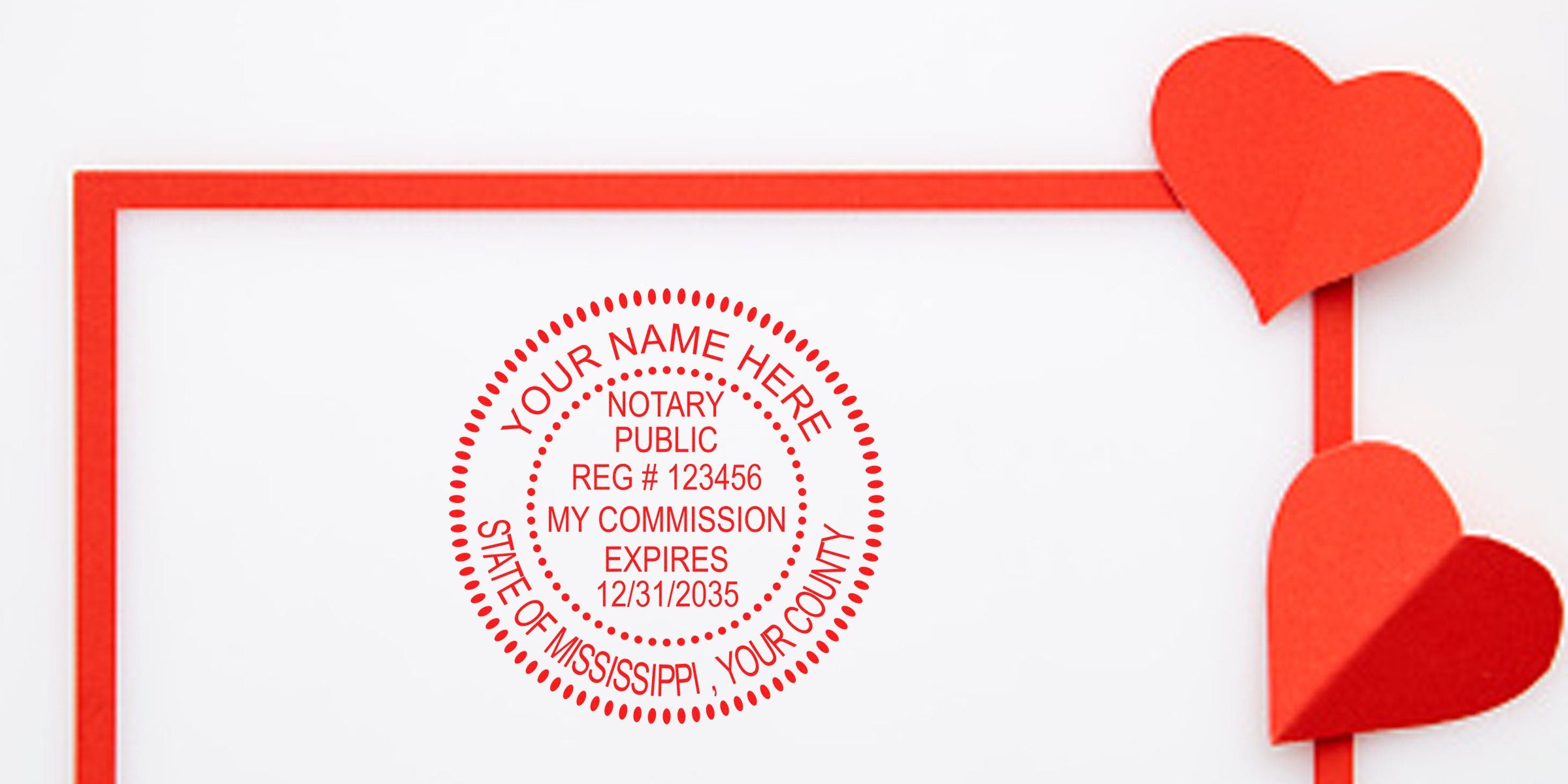 Red circular notary stamp mockup in red ink on white paper with a red rectangular border and two red paper hearts on the right — custom notary seal, notary public stamp, Valentine stationery mockup