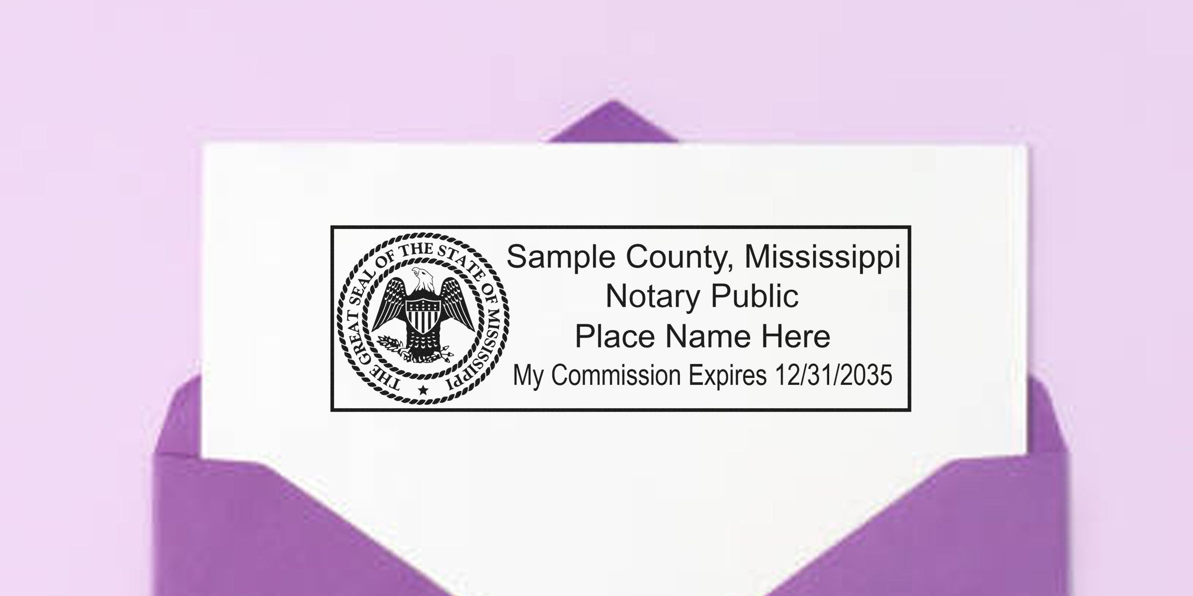 Mississippi notary public stamp template on white card in purple envelope, featuring state seal, text "Sample County, Mississippi Notary Public," placeholder name and commission expires 12/31/2035 — notary stamp mockup.