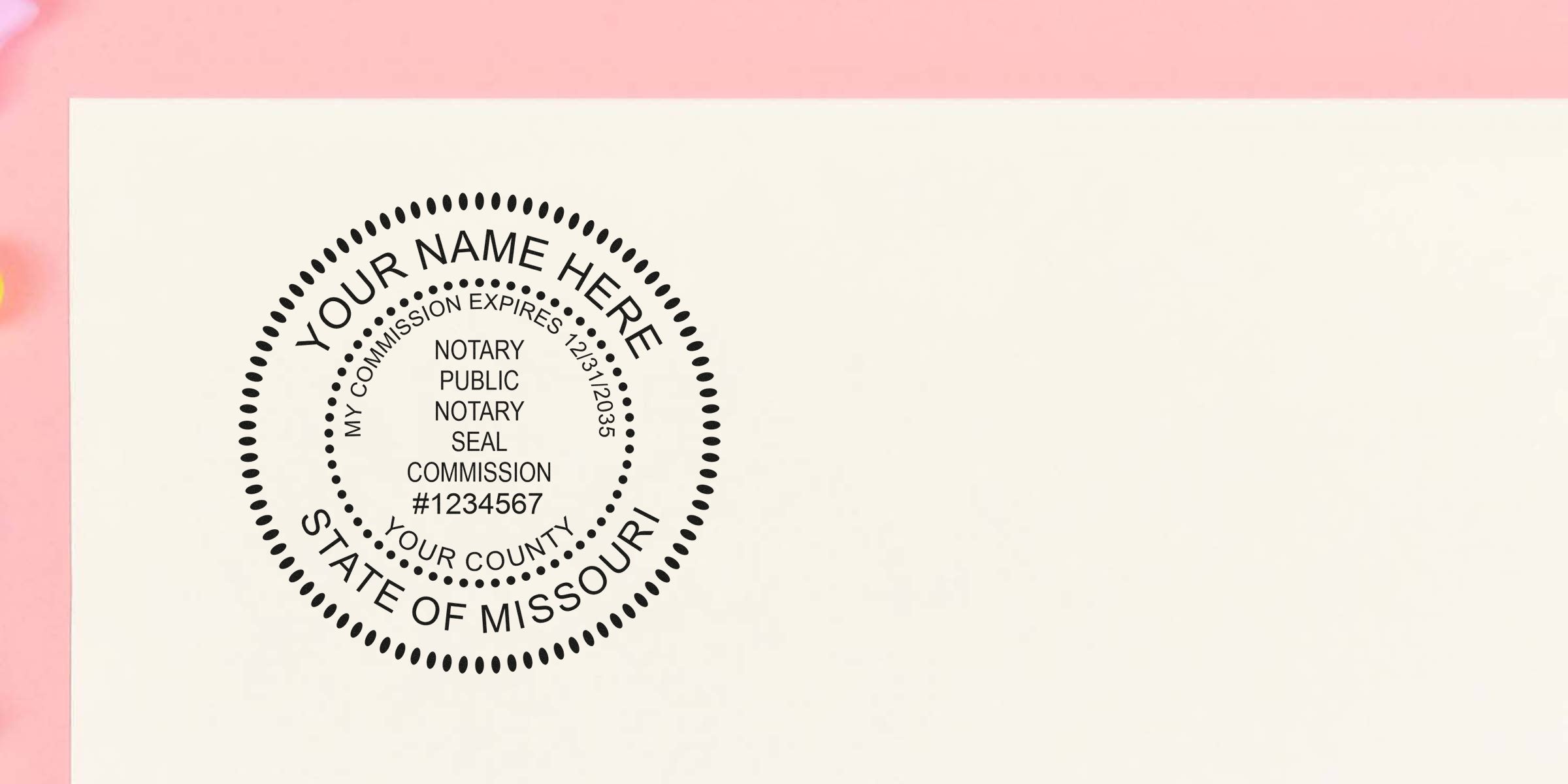 Round notary public seal mockup on cream paper with pink border — customizable Missouri notary stamp showing circular dotted border, placeholder name, county and commission number.
