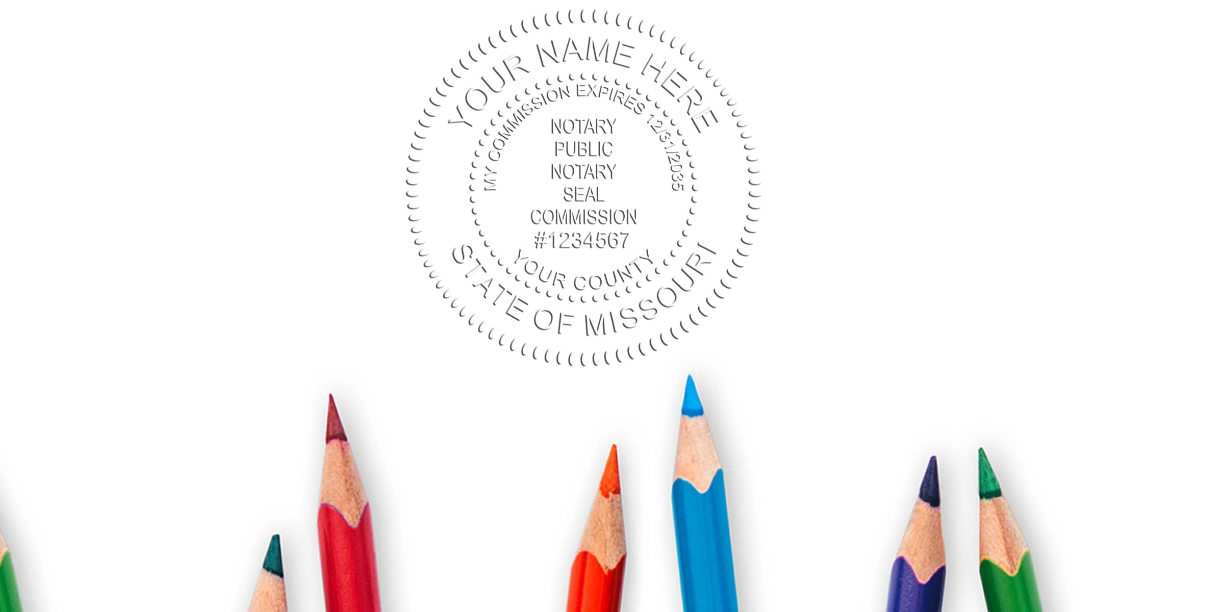 Sharpened colored pencils along the bottom with a faint notary public seal watermark above on a white background — stationery and legal seal mockup