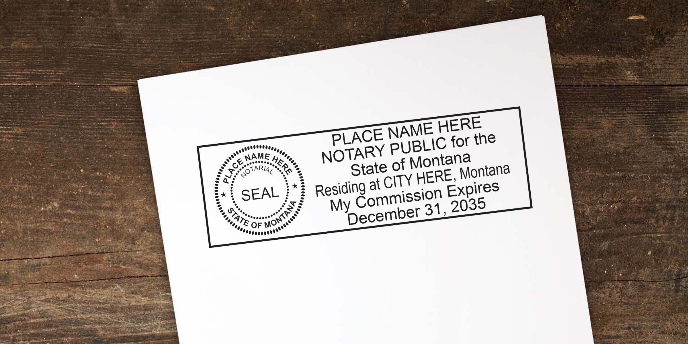 Mockup of a Montana notary public stamp and circular seal printed on white paper, rectangular notarial stamp reading "Place Name Here NOTARY PUBLIC for the State of Montana" with sample commission expiration date and city placeholder.