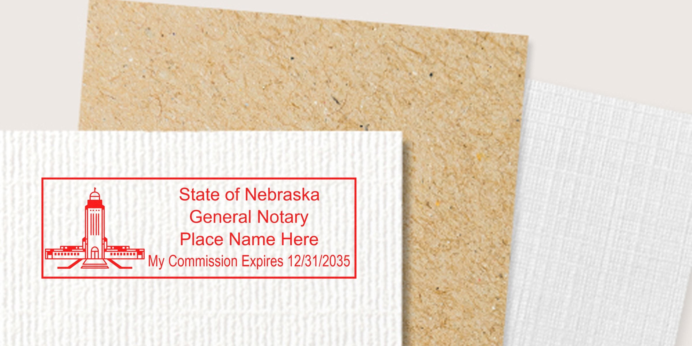 Red rectangular State of Nebraska general notary stamp imprint in red ink with capitol building icon, placeholder name and commission expiration 12/31/2035 on textured paper