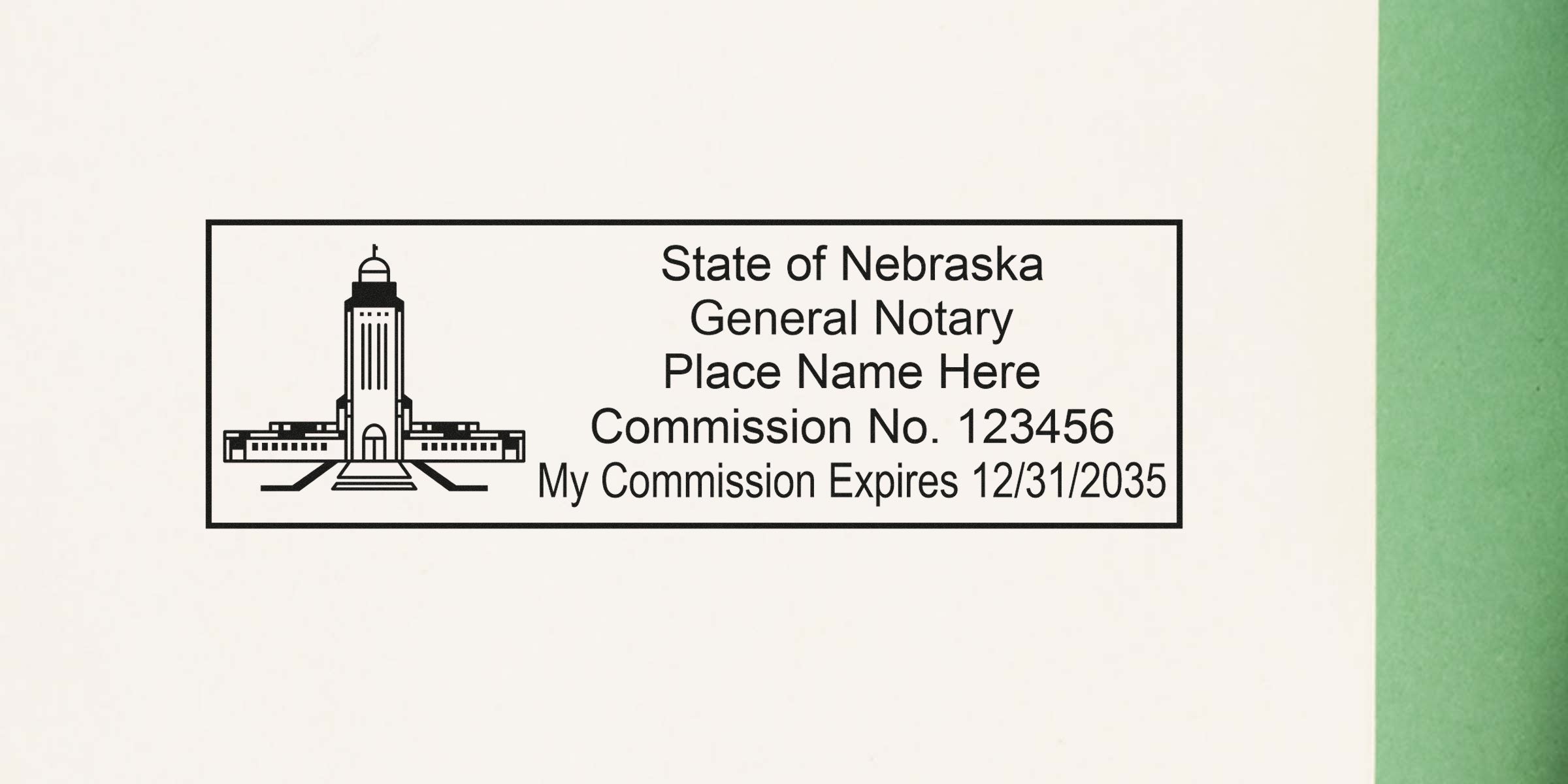 Rectangular State of Nebraska general notary stamp with Nebraska capitol building icon, placeholder name, commission no. 123456 and commission expiration date 12/31/2035