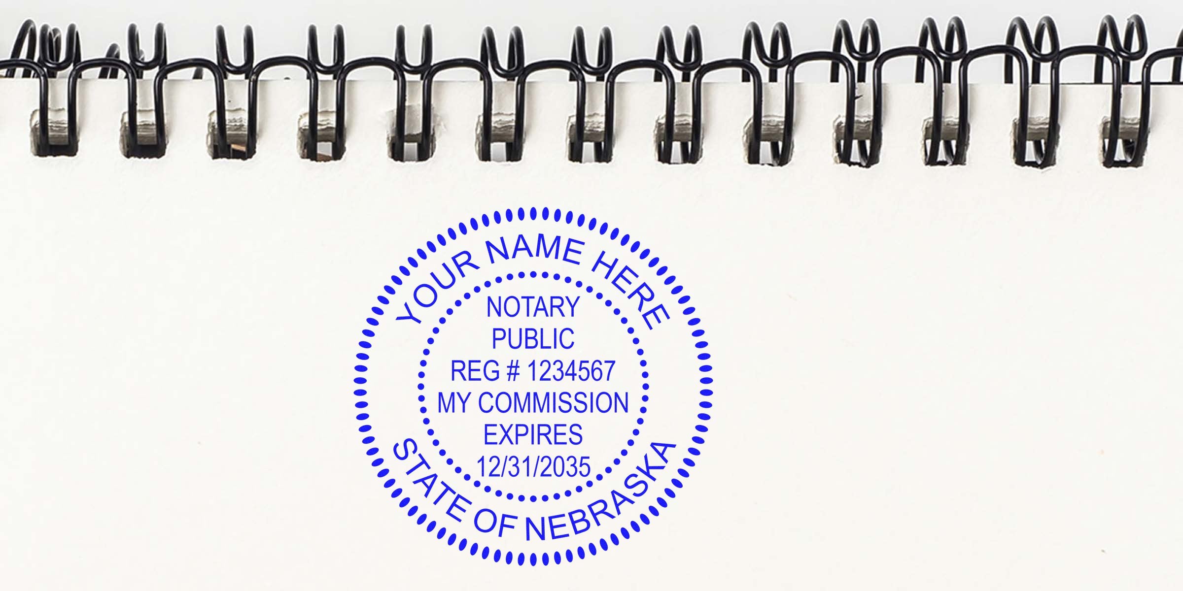 Top-bound spiral notebook page with a blue circular notary public stamp reading "Your Name Here, Notary Public, Reg #1234567, My Commission Expires 12/31/2035, State of Nebraska."
