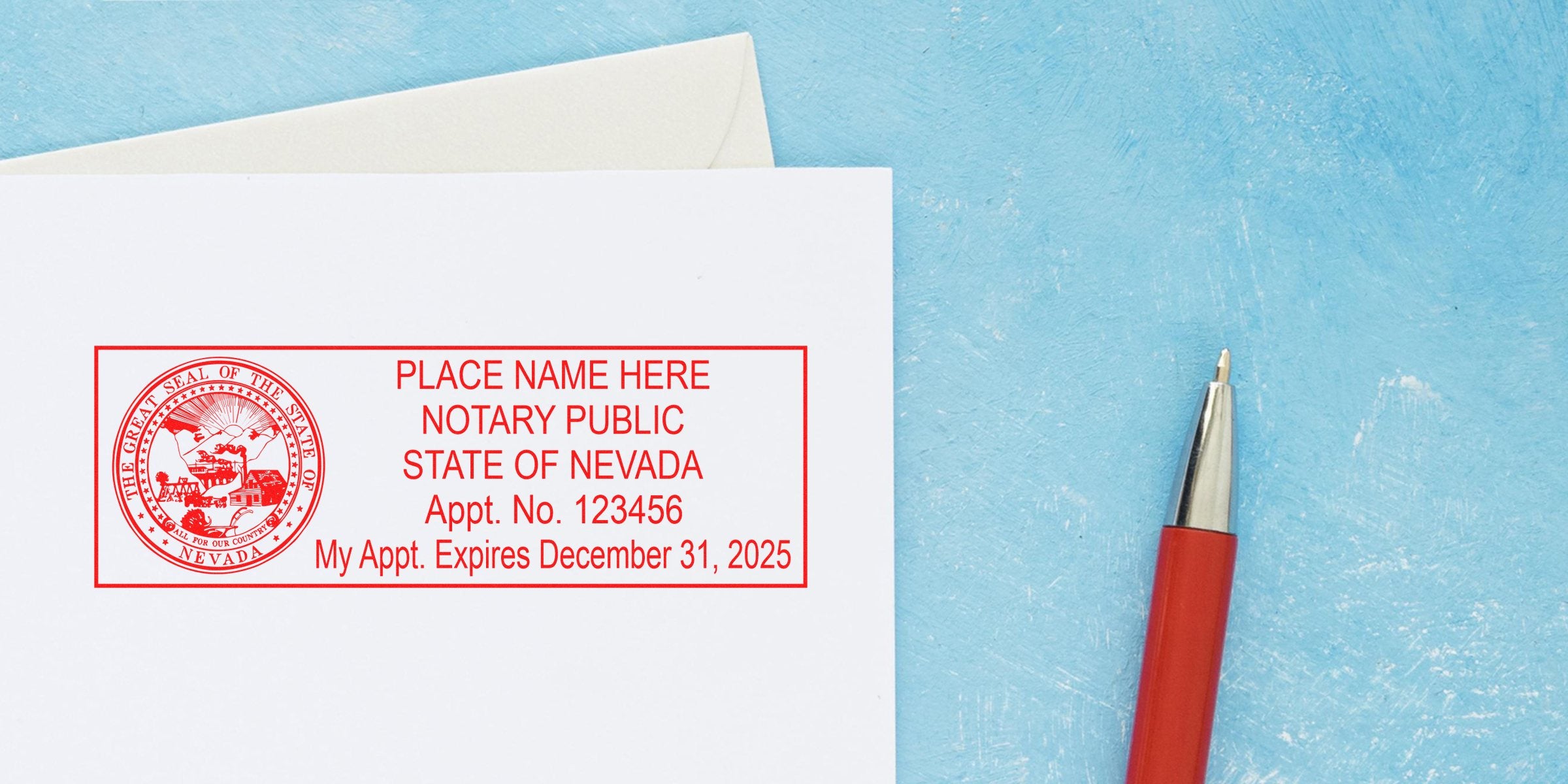 Envelope and white document with red Nevada notary public stamp showing appointment number and expiration date, beside a red pen on a blue textured background.