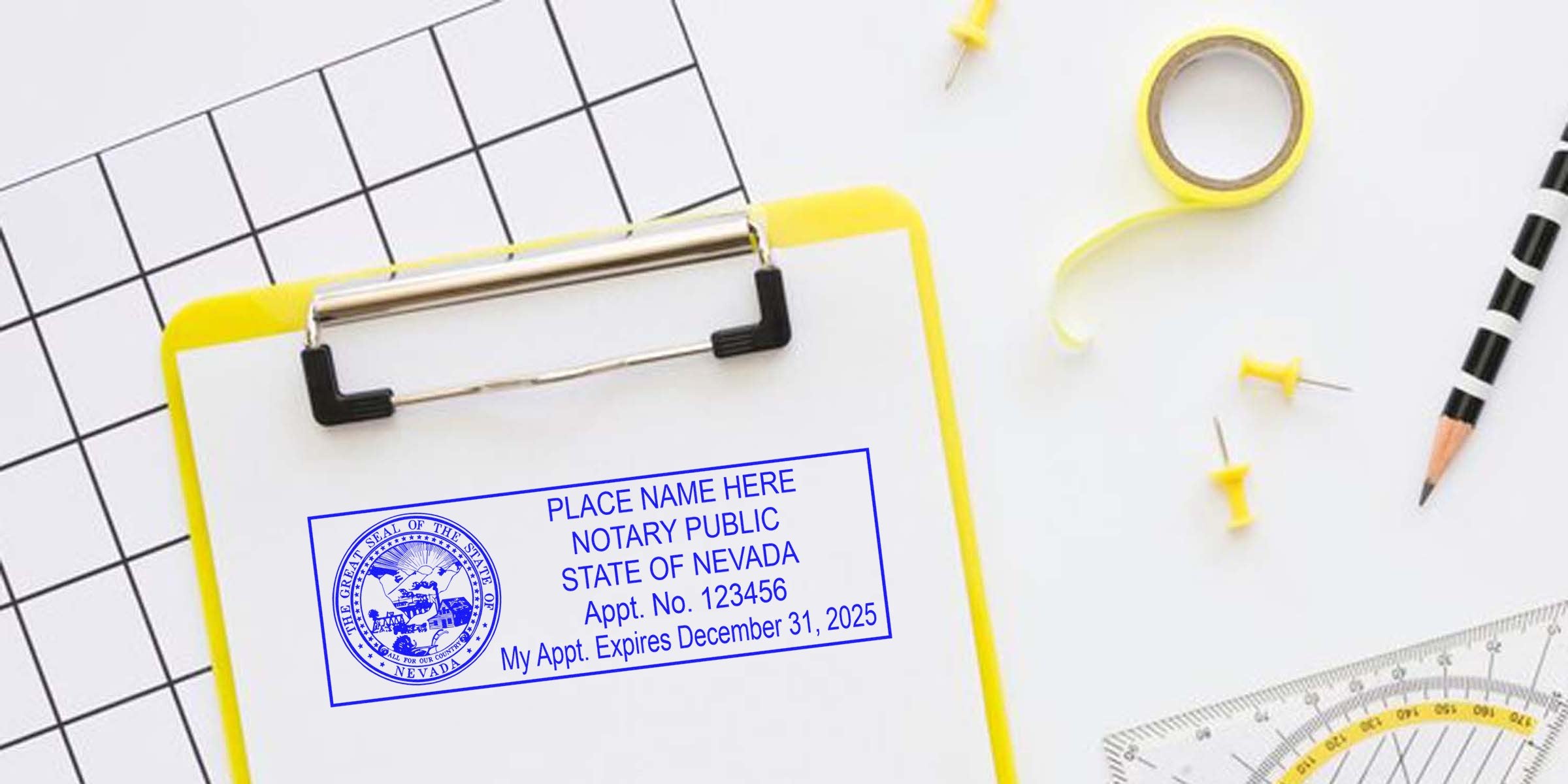 Yellow clipboard holding white paper with a blue Nevada notary public stamp imprint, surrounded by yellow tape, push pins, black-and-white striped pencil, protractor and grid paper background