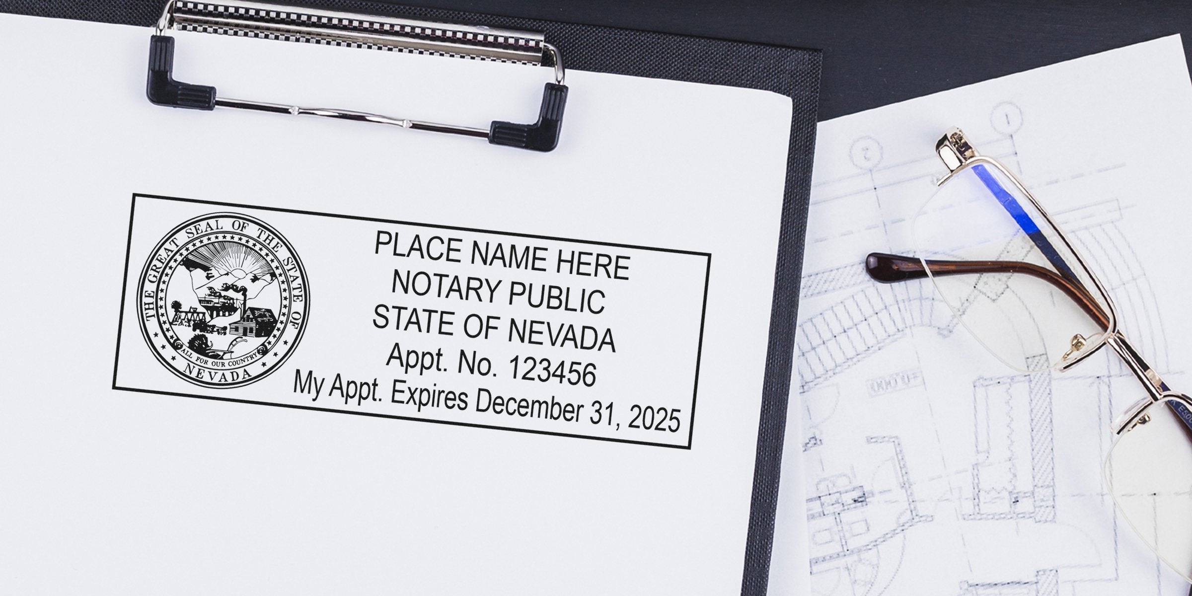 Clipboard with Nevada notary public stamp showing appointment number and expiration date, placed beside eyeglasses and architectural blueprints for document preparation