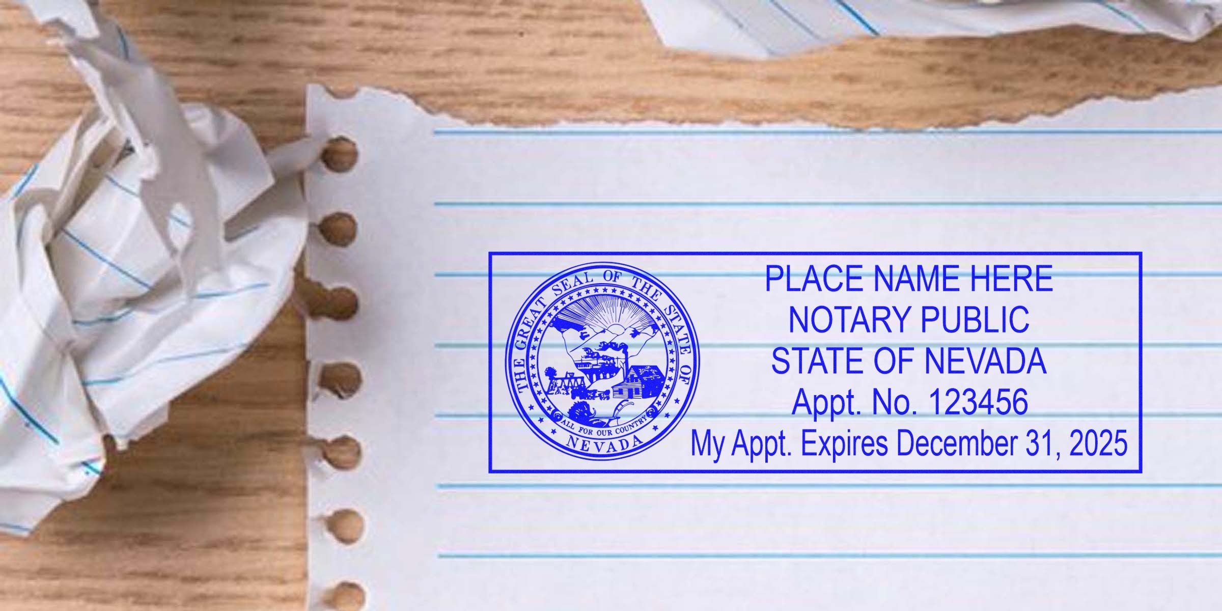 Blue Nevada notary public stamp mockup on torn lined notebook paper with state seal and placeholder text, beside crumpled paper on a wooden desk — notary stamp template for document authentication and stationery design