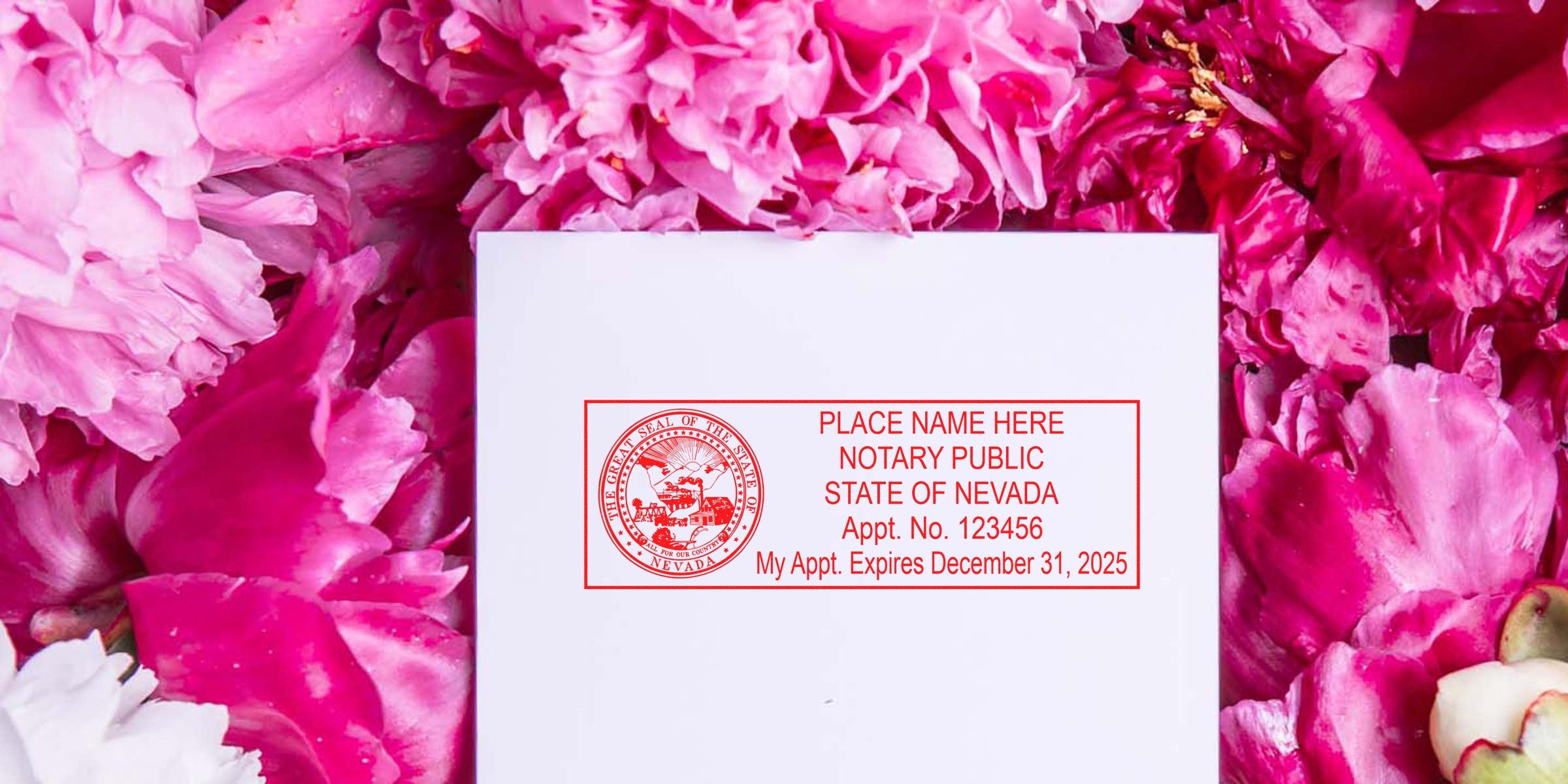 White card displaying a red Nevada notary public stamp and appointment details, set on a bed of vibrant pink peony petals for a floral stationery or wedding document concept