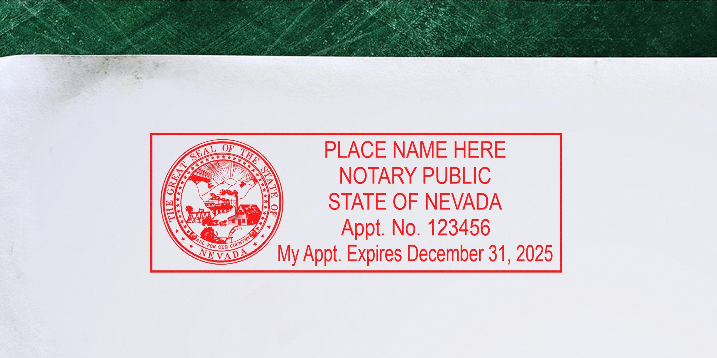 Red Nevada notary public stamp template with state seal, placeholder name, appointment number and expiration date (Dec 31, 2025) on white paper with green header