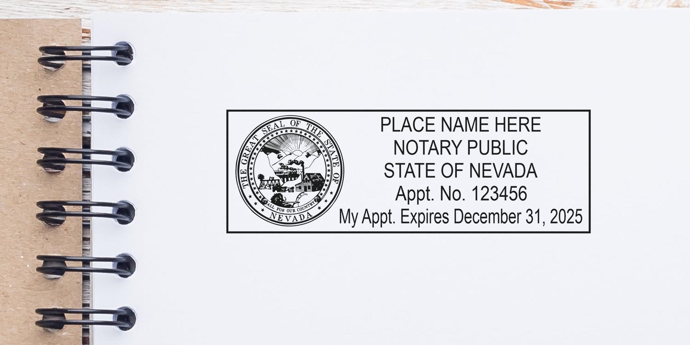 Blank Nevada notary public stamp template with state seal, placeholder name, appointment number and sample expiration date printed on white notebook page next to spiral binding