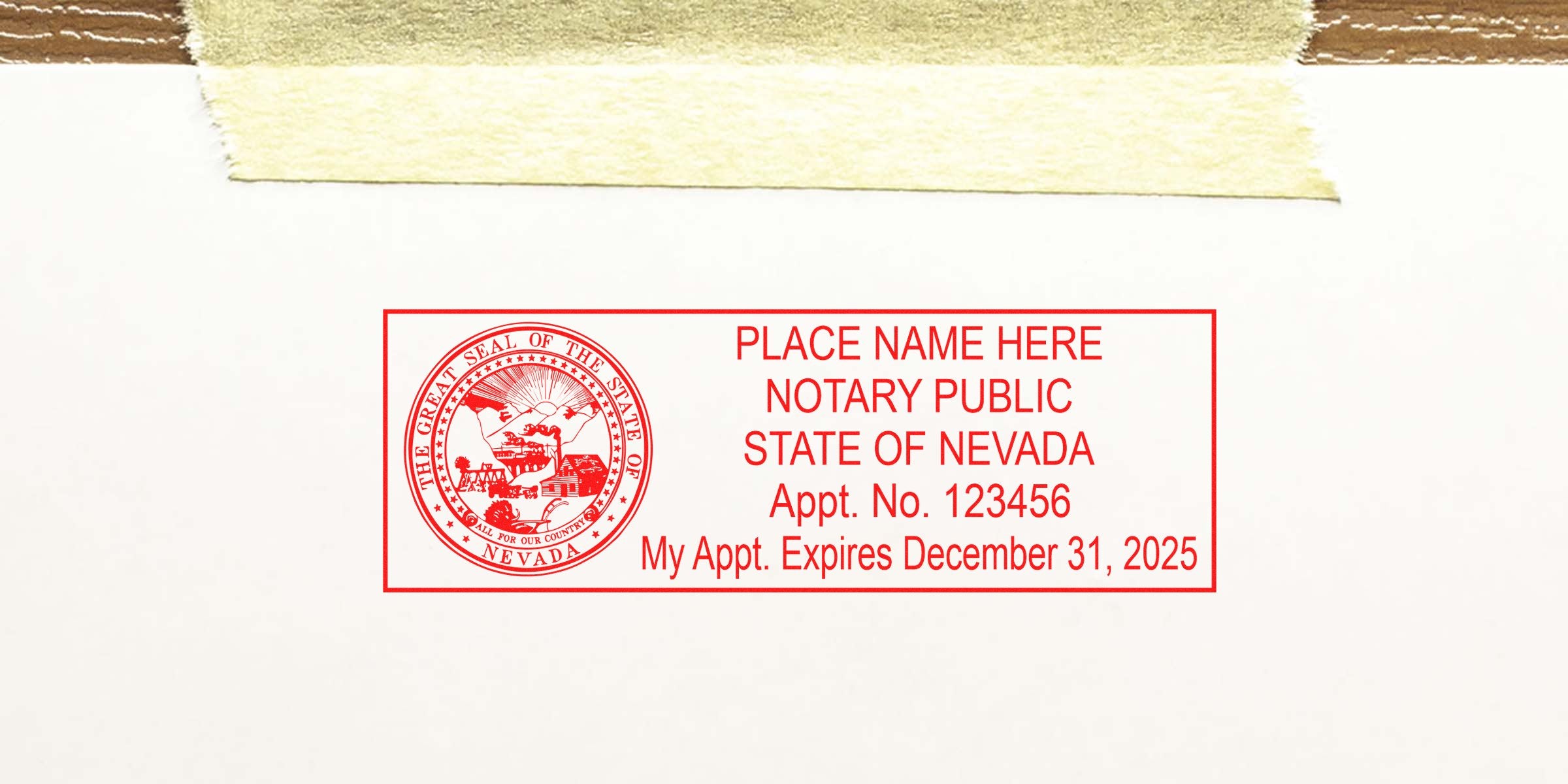 Red Nevada Notary Public stamp on white paper with Nevada state seal at left, rectangular text block reading "PLACE NAME HERE," appointment number and expiry date, yellow masking tape visible at top.