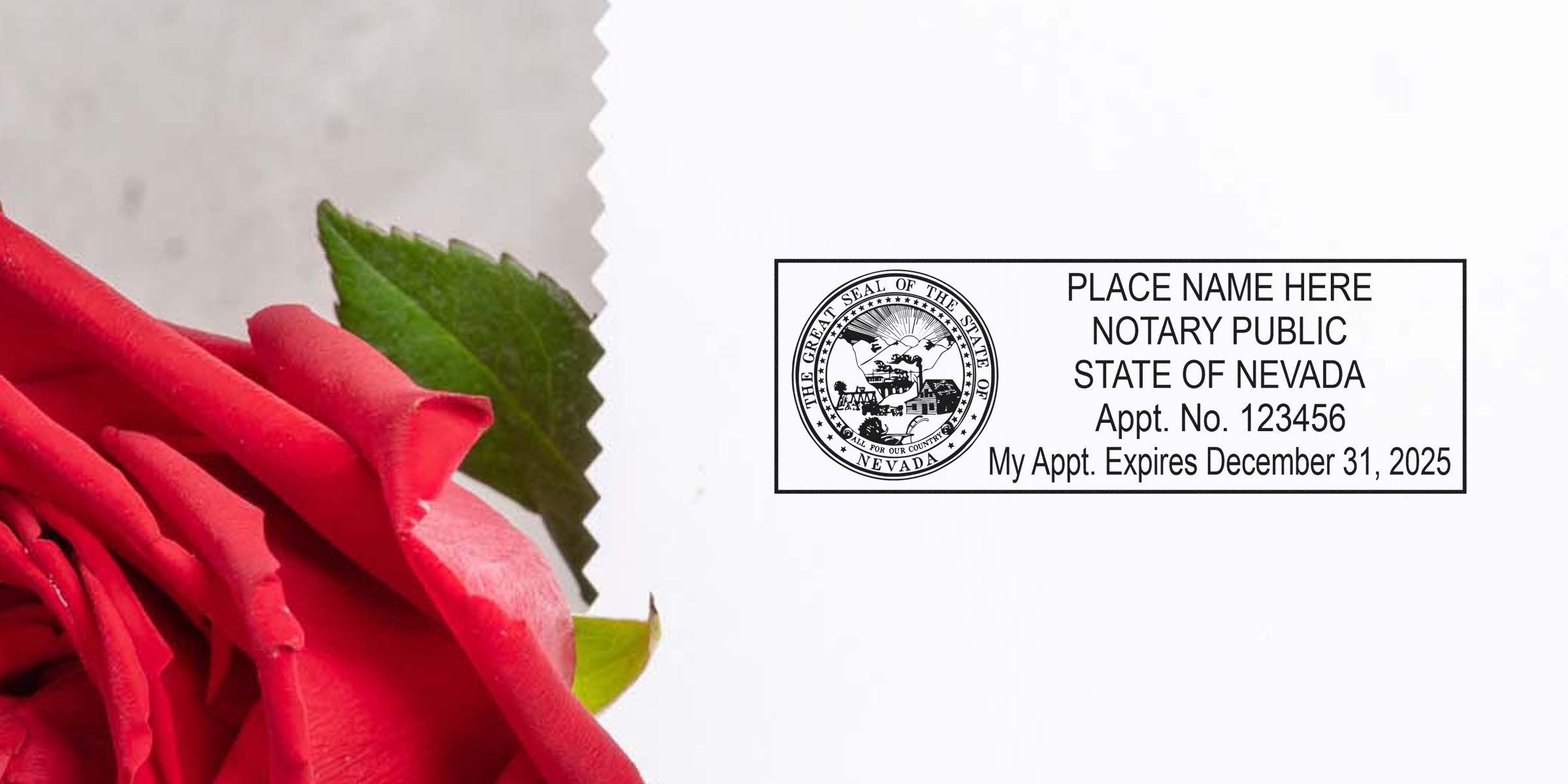 Close-up red rose beside a Nevada notary public stamp on white paper, rectangular seal with state emblem and appointment number and expiration date — romantic stationery or wedding notary styling for legal documents