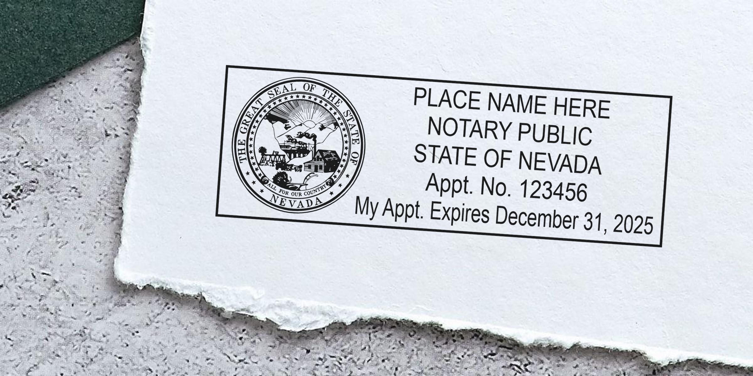 Nevada notary public stamp with state seal, appointment number 123456 and expiration date December 31, 2025 on torn paper