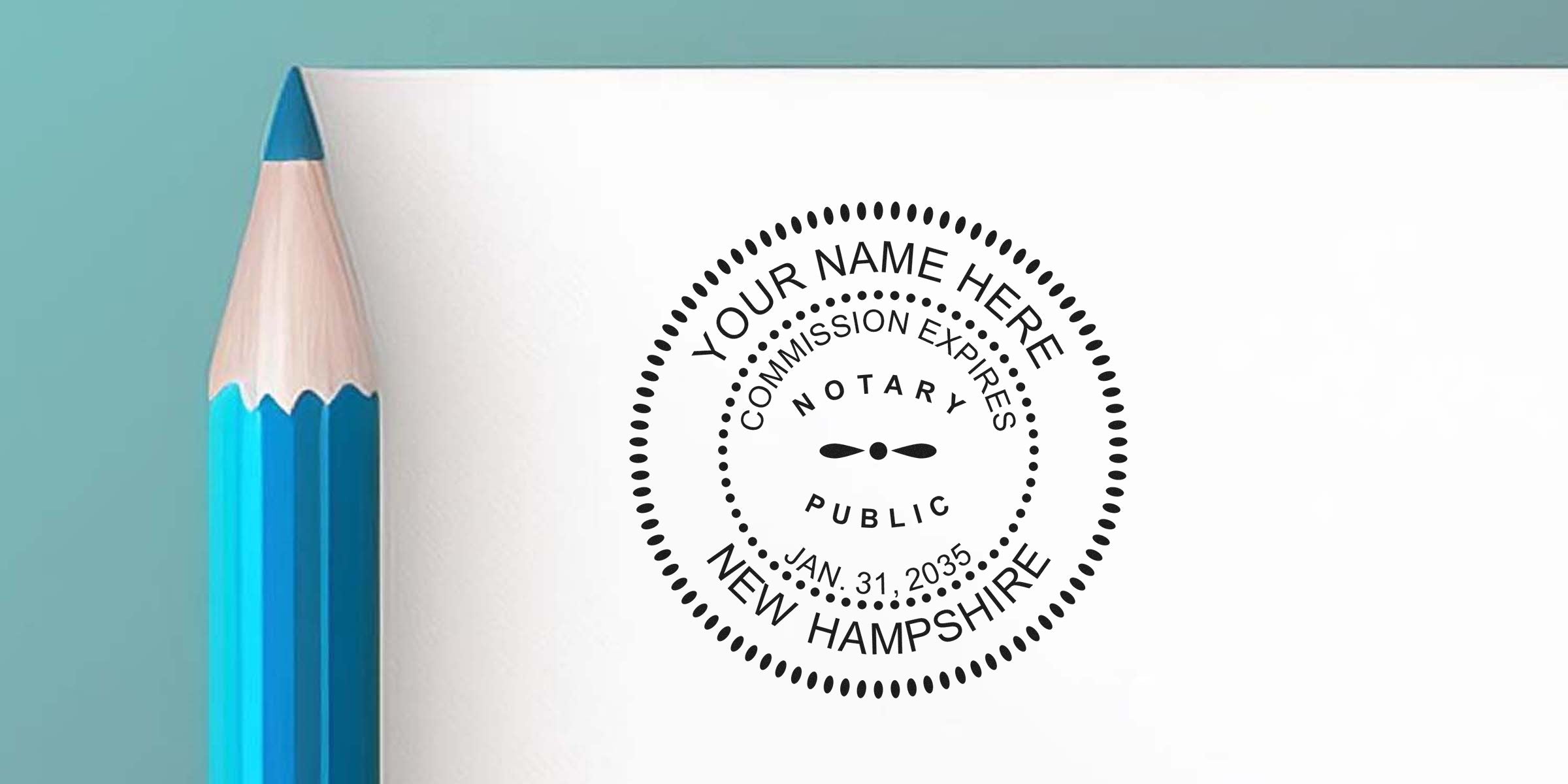 Blue pencil beside a black circular notary public stamp mockup reading "Your Name Here," "New Hampshire," and expiration date Jan. 31, 2035.