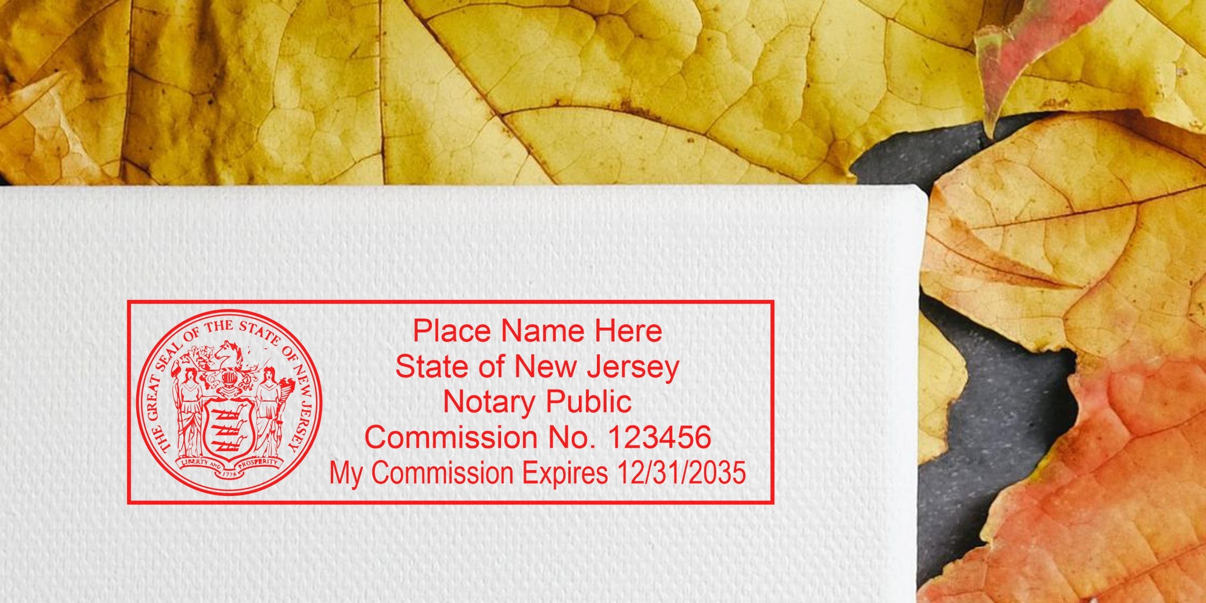 Red New Jersey notary public rectangular stamp with round state seal and sample commission number on textured white paper, autumn leaves background