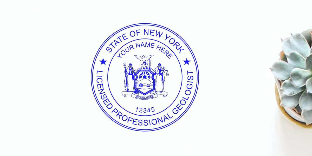New York professional geologist stamp beside a succulent plant on a white background.