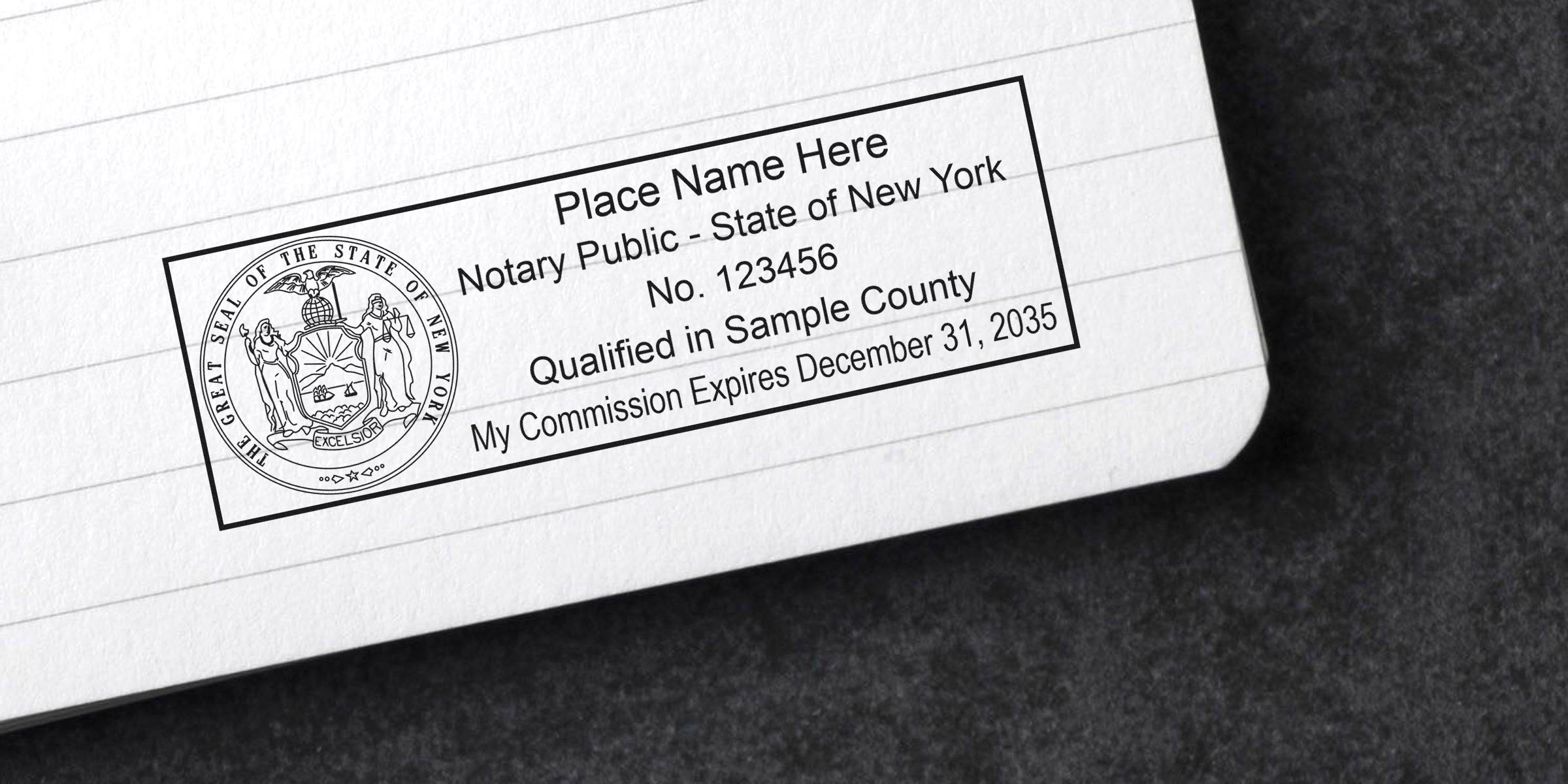 Black-and-white rectangular notary public stamp on lined paper showing the New York state seal, placeholder name, commission number, sample county qualification and commission expiration date.