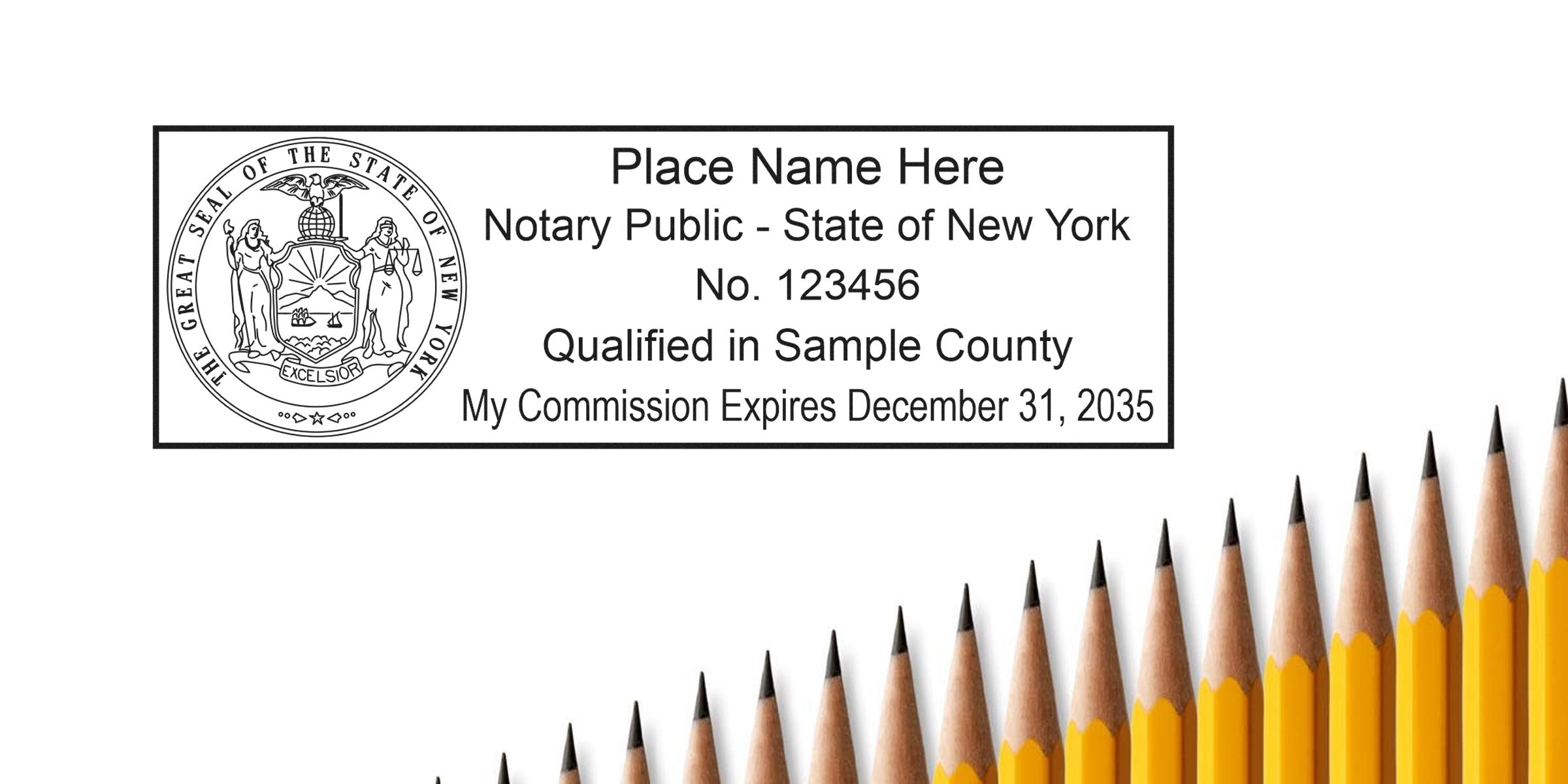 Rectangular New York notary public stamp mockup with state seal, sample commission number and expiration date, positioned above a diagonal row of sharpened yellow pencils on a white background