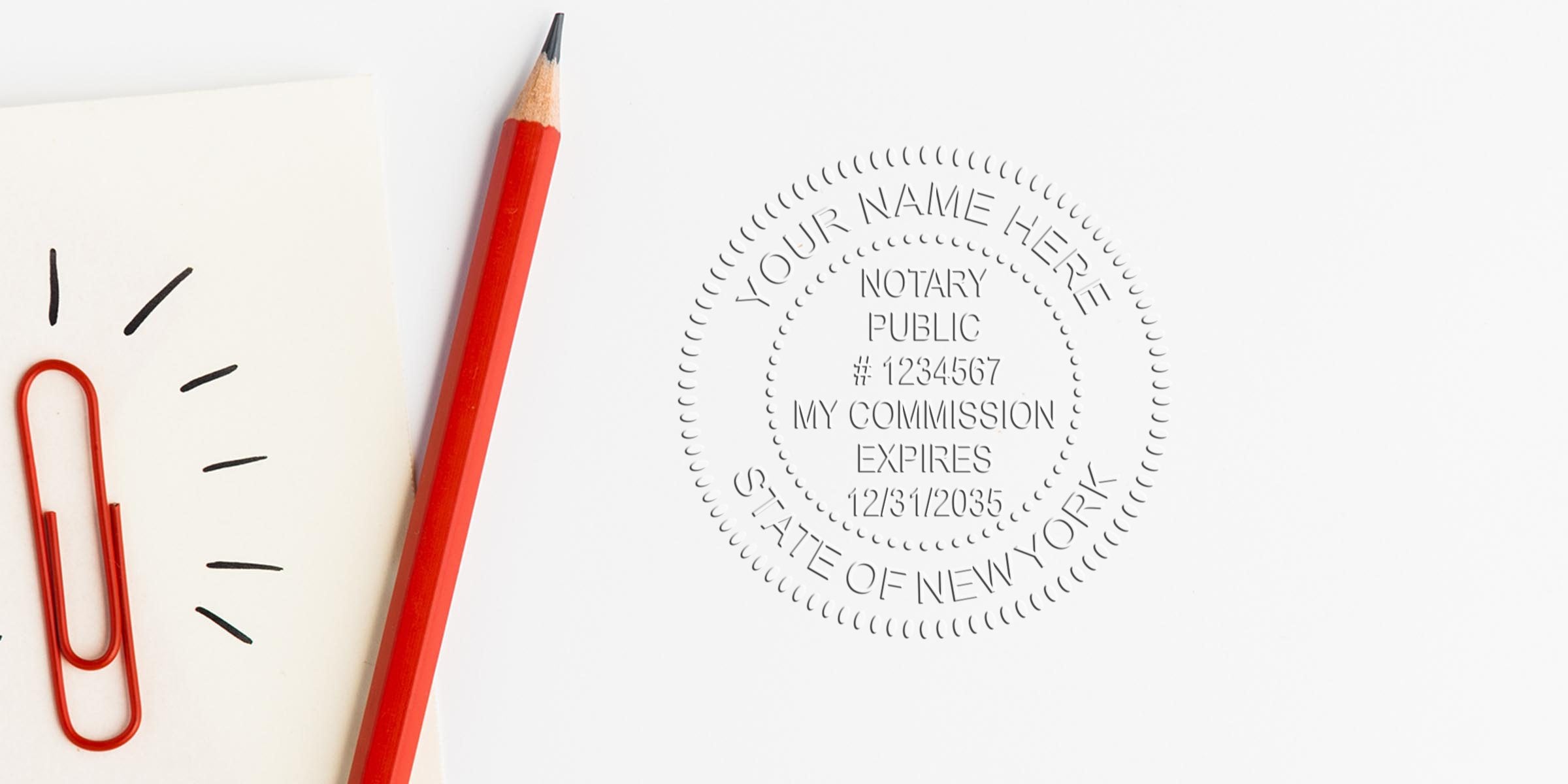 Top-down shot of red pencil and red paperclip on white notepad next to an embossed Notary Public seal reading "State of New York"