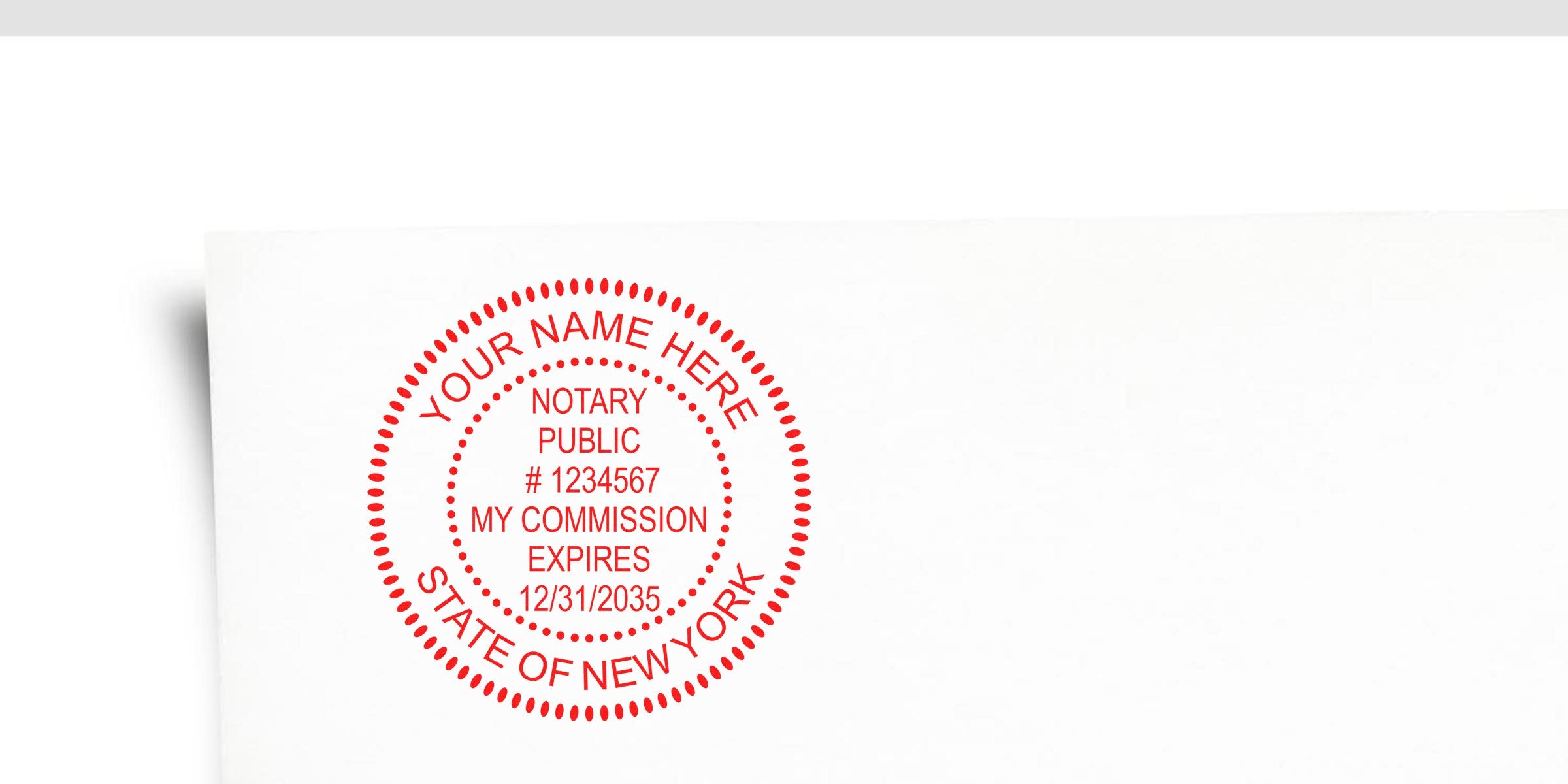 Red circular notary public stamp mockup on white paper reading "Your Name Here", notary number and commission expires date, "State of New York" — notary stamp template, notary public seal, red embossed design.