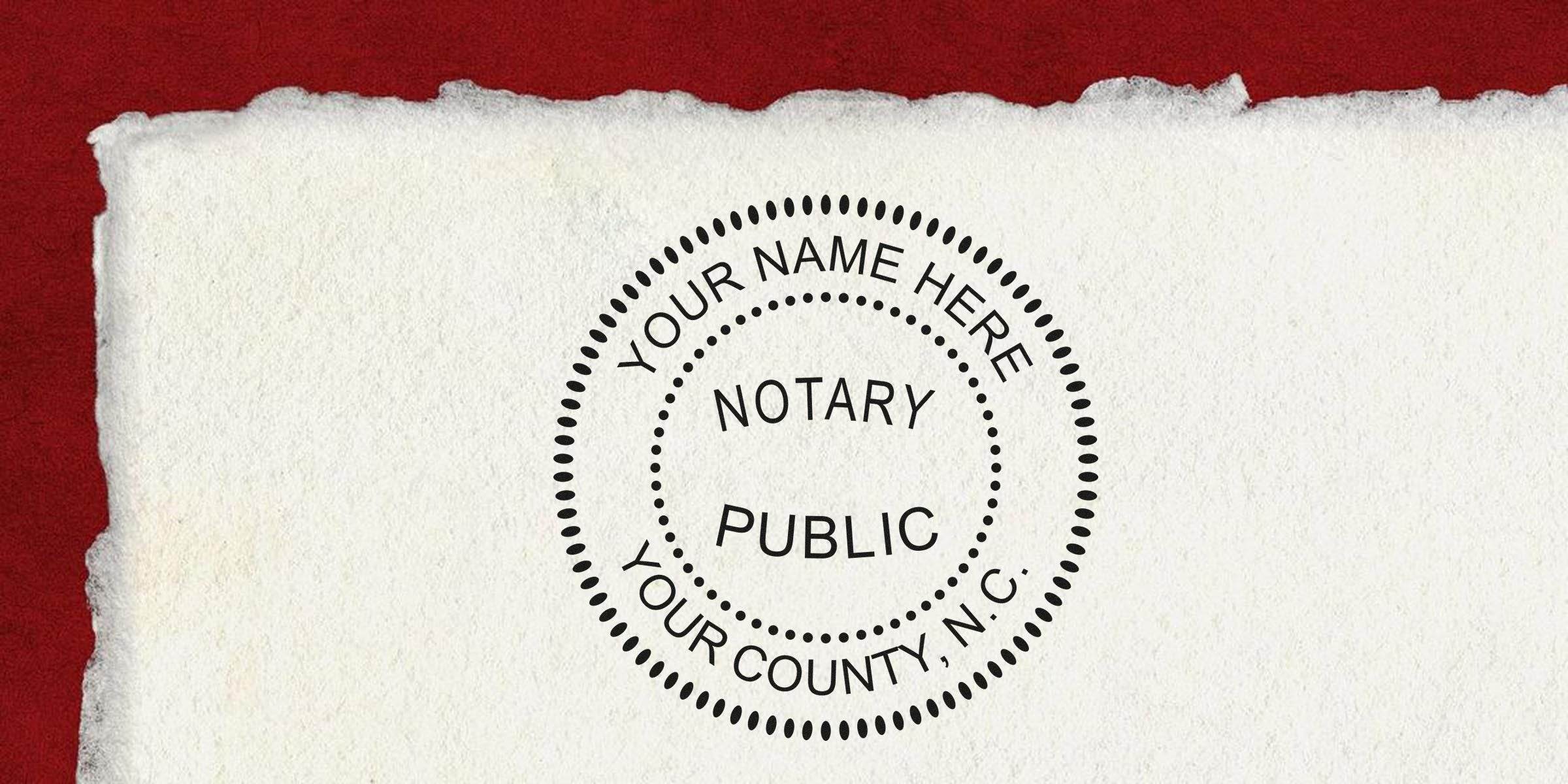 Blank circular notary public stamp mockup reading "Your Name Here" and "Your County, N.C." on torn white textured paper with red edge — notary seal design for documents, branding, stationery.