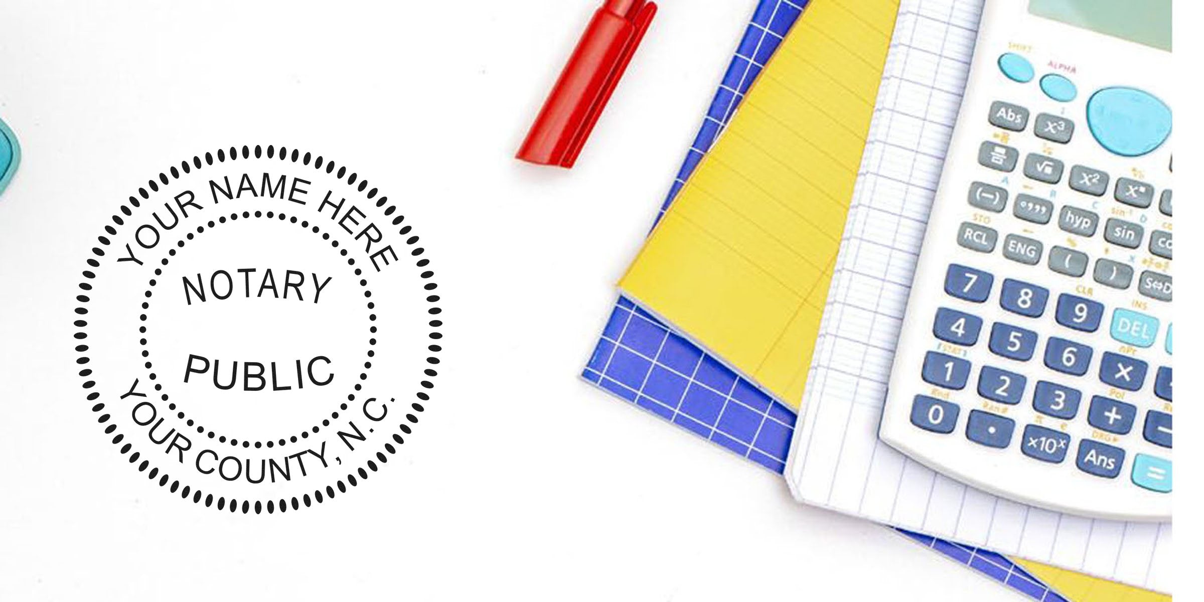 Notary Public round stamp imprint mockup on white desk beside scientific calculator, yellow and blue notebooks and red pen — office supplies, notary seal template for legal documents and certification