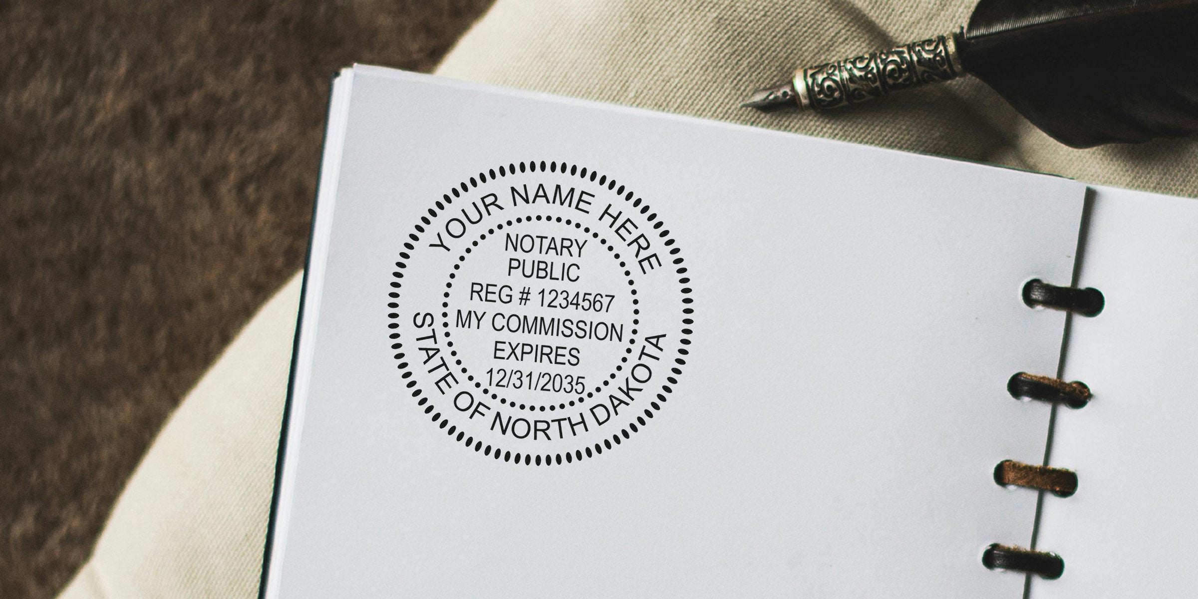 Notary public seal stamped on an open notebook page reading "State of North Dakota," vintage fountain pen nearby on a leather-textured background