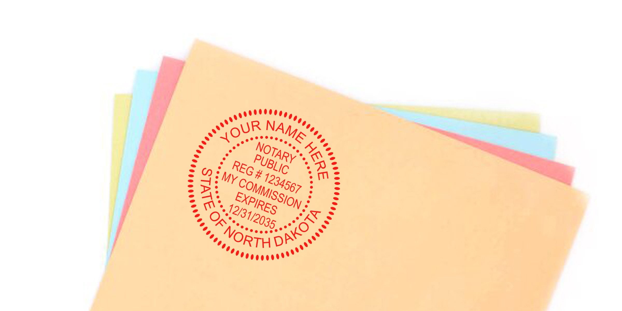 Stack of pastel file folders with a red circular notary public stamp reading "Your Name Here, Notary Public, State of North Dakota"